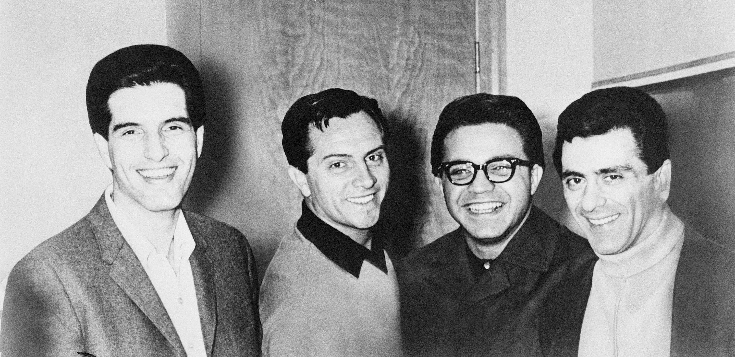 Frankie Valli And The Four Seasons, 1960s attire, black and white photo, 2K Desktop Wallpaper