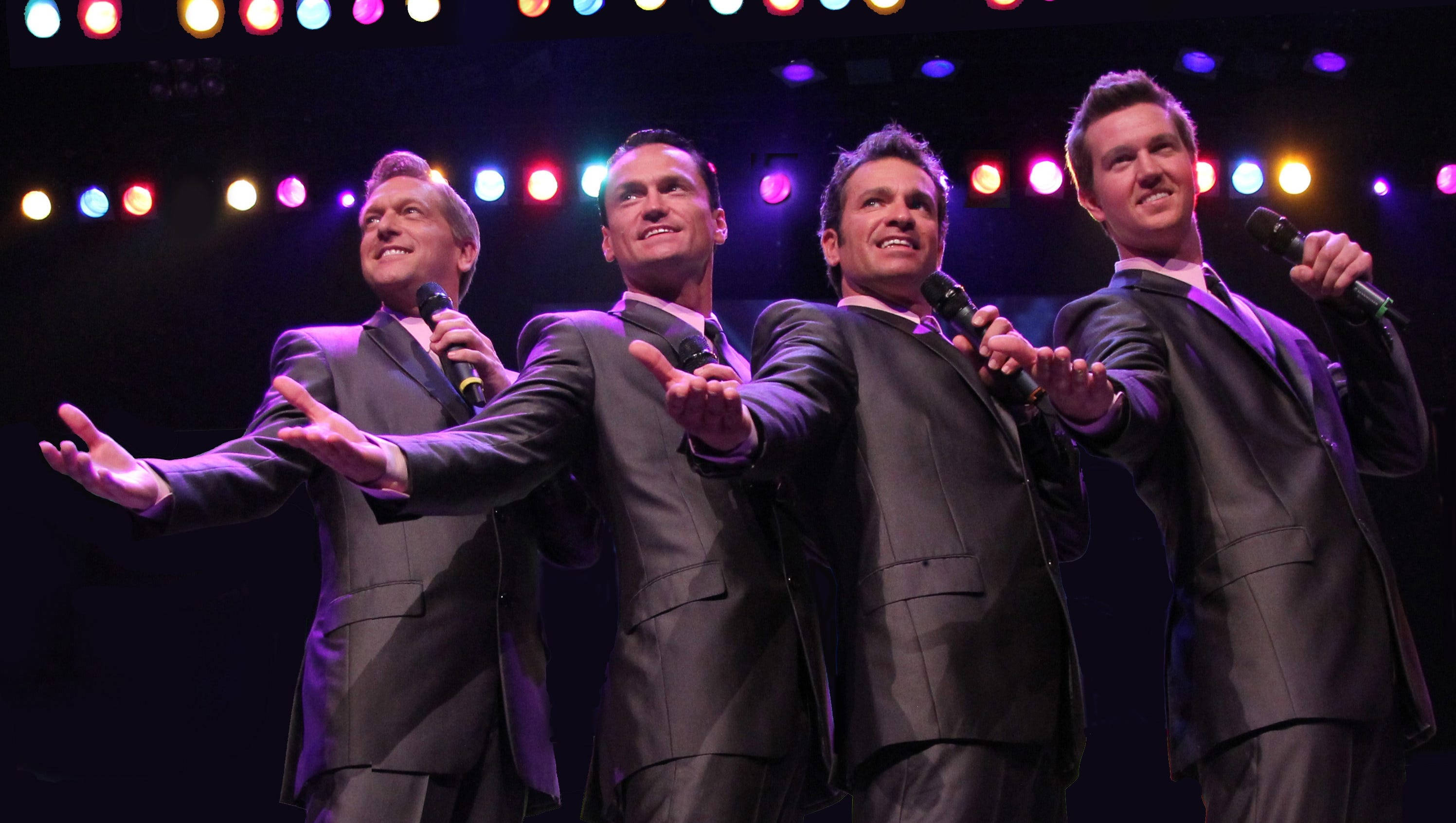 Frankie Valli And The Four Seasons, matching suits, colorful spotlights, 2K Desktop Wallpaper