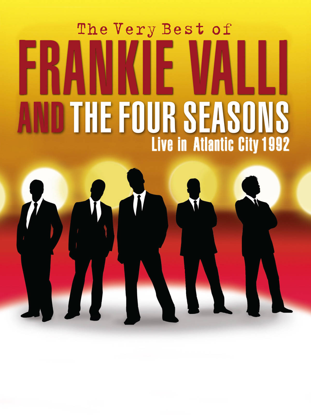 Frankie Valli And The Four Seasons, vibrant yellow red gradient, silhouettes of five men in suits, HD Phone Wallpaper