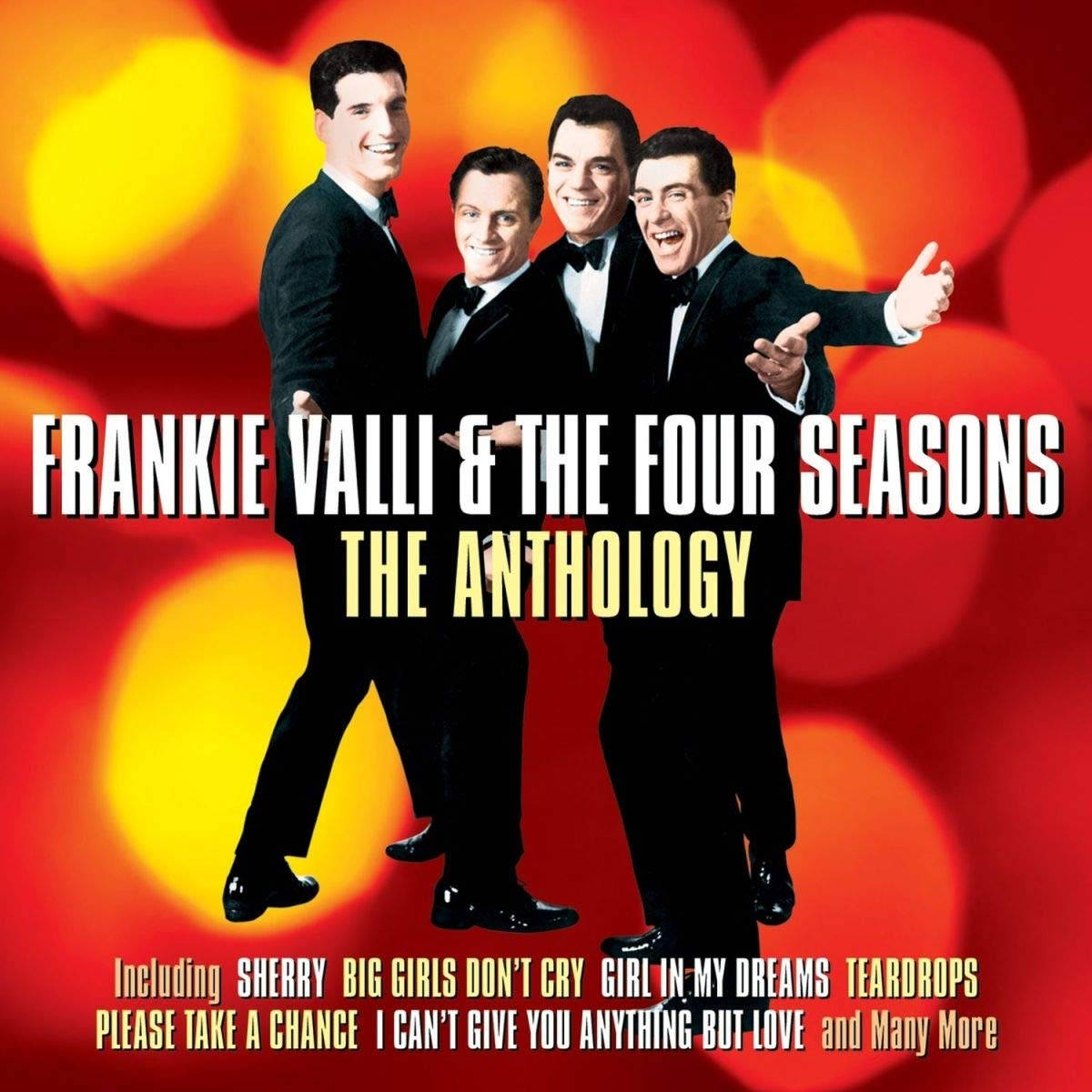 Frankie Valli And The Four Seasons, black tuxedos, vibrant red and yellow bokeh background, SD Desktop Wallpaper