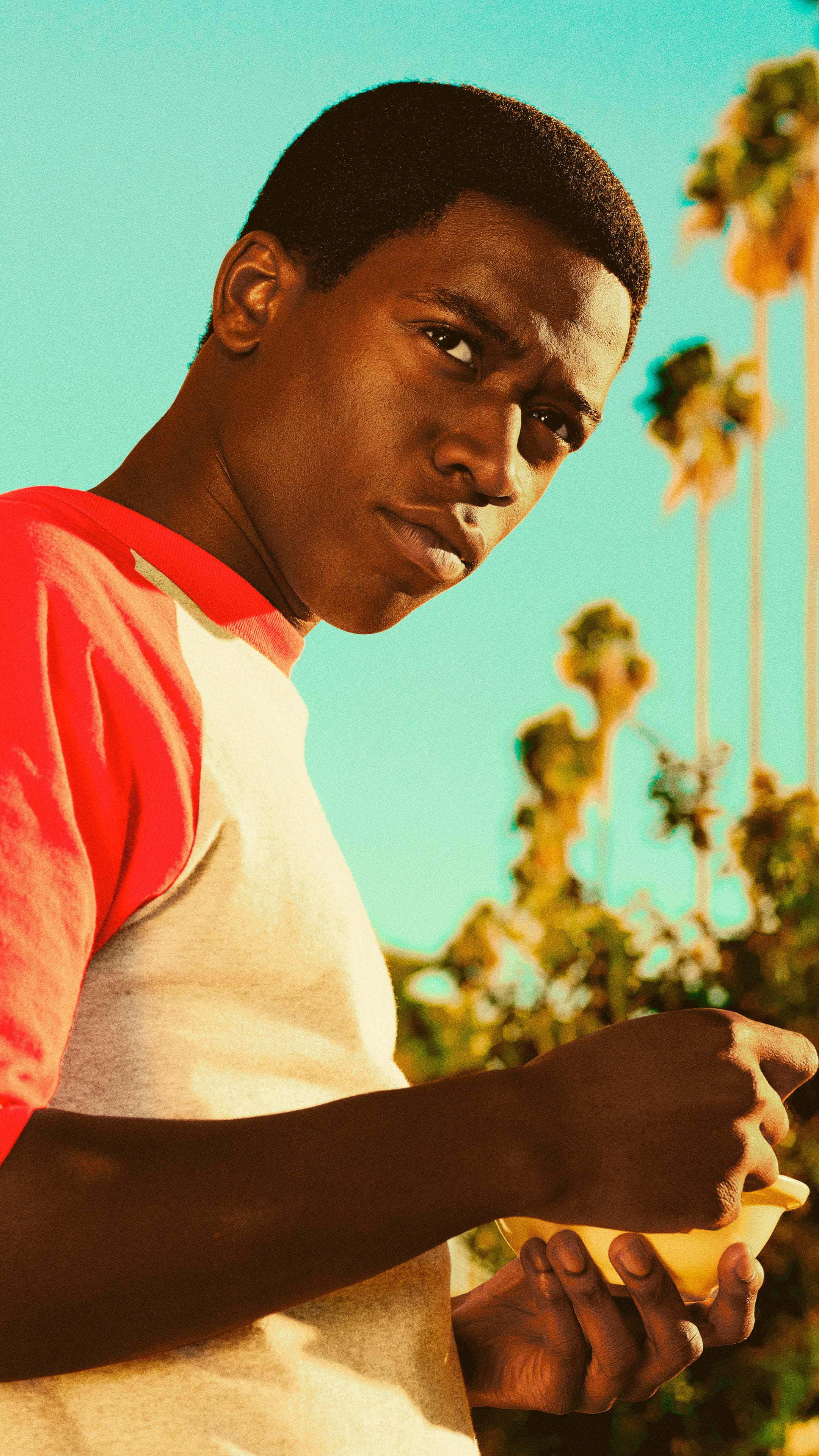 Franklin Saint, red and white shirt, yellow cup, 4K Phone Wallpaper