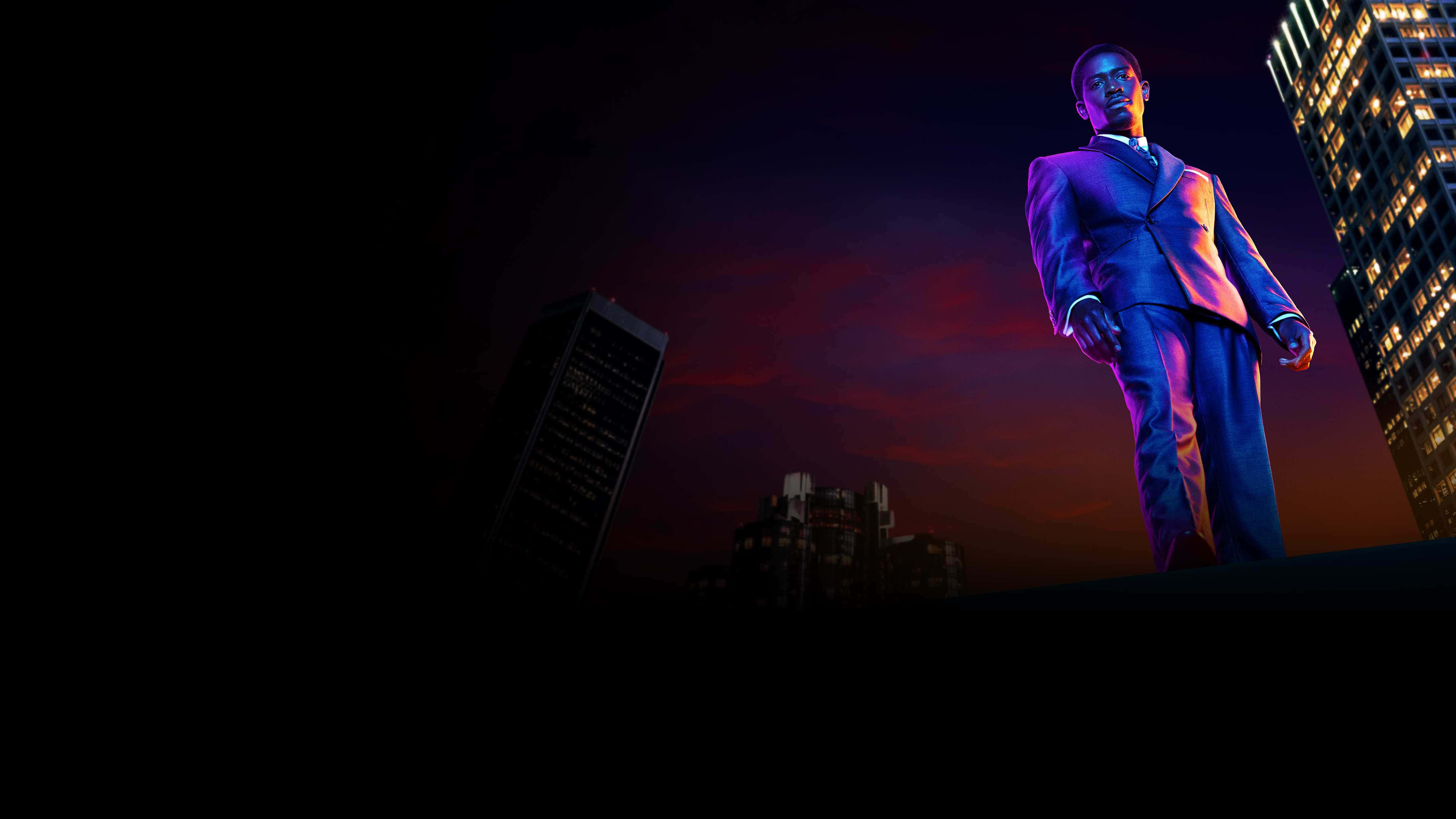 Franklin Saint, neon-drenched city skyline, twilight, 4K Desktop Wallpaper