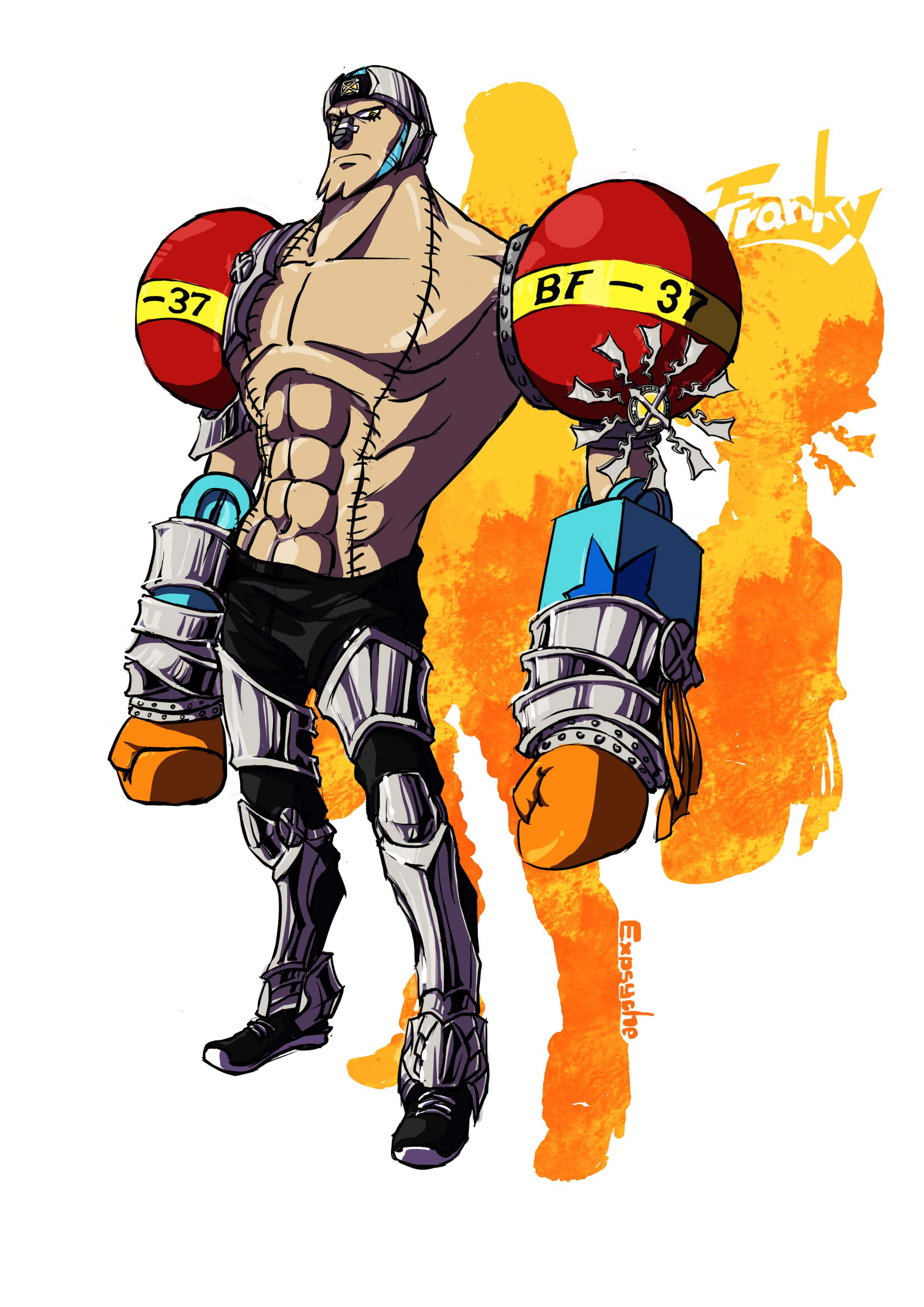 Franky, muscular anime fighter, stitched torso, 2K Phone Wallpaper