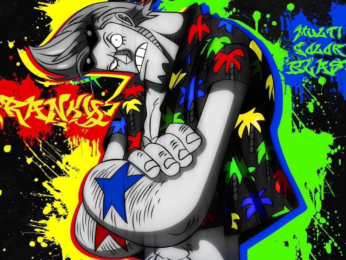 Franky, palm tree shirt, vibrant paint splatters, SD Desktop Wallpaper