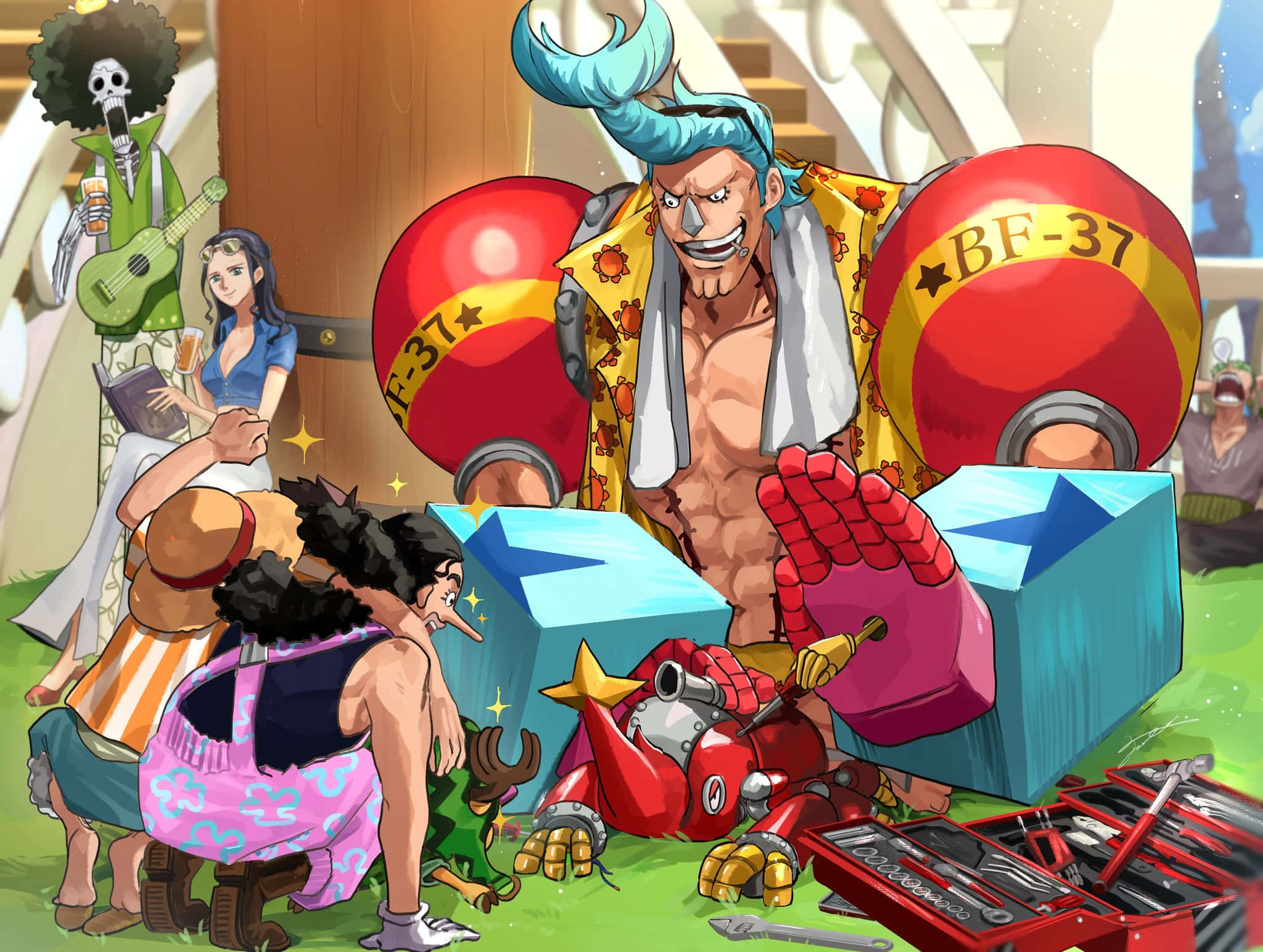Franky, blue hair, giant red arm cannons, Full HD Desktop Wallpaper