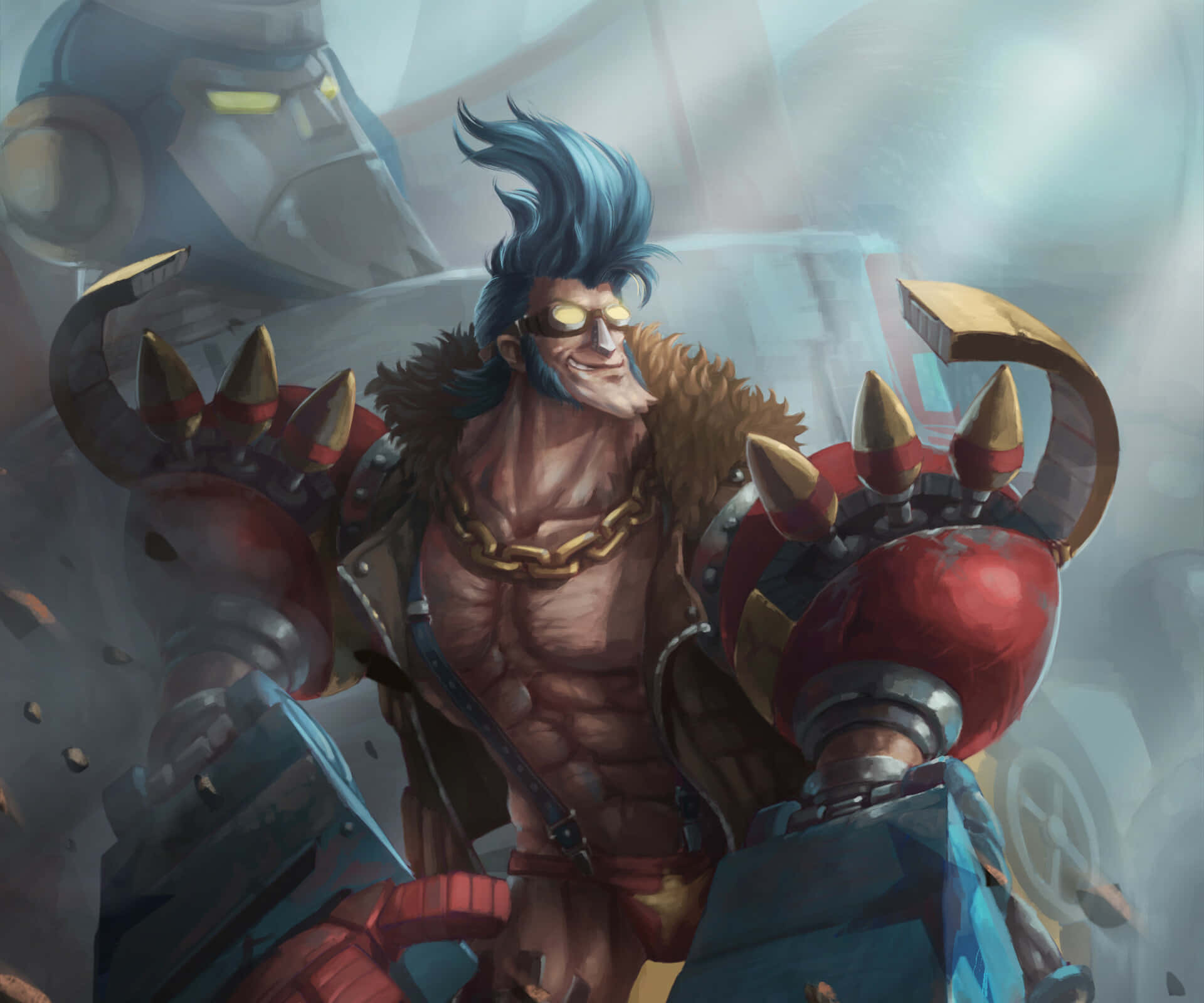 Franky, blue-haired warrior, glowing goggles, Full HD Desktop Wallpaper