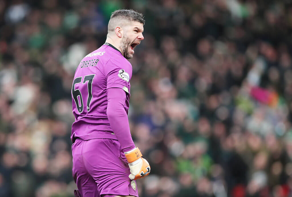 Fraser Forster, vibrant purple kit, packed stadium field, SD Desktop Wallpaper