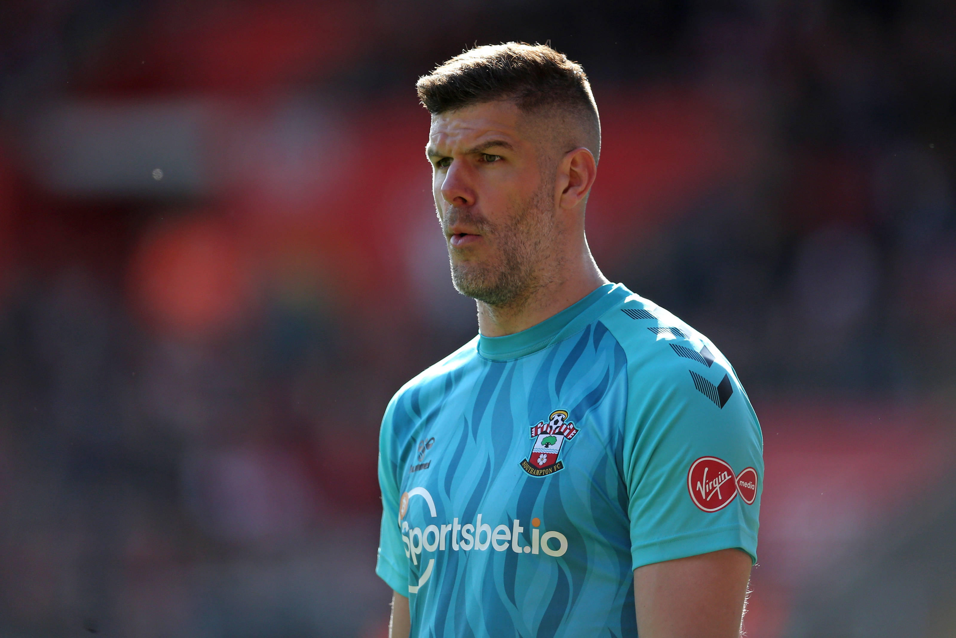 Fraser Forster, teal jersey, blue wave patterns, 2K Desktop Wallpaper