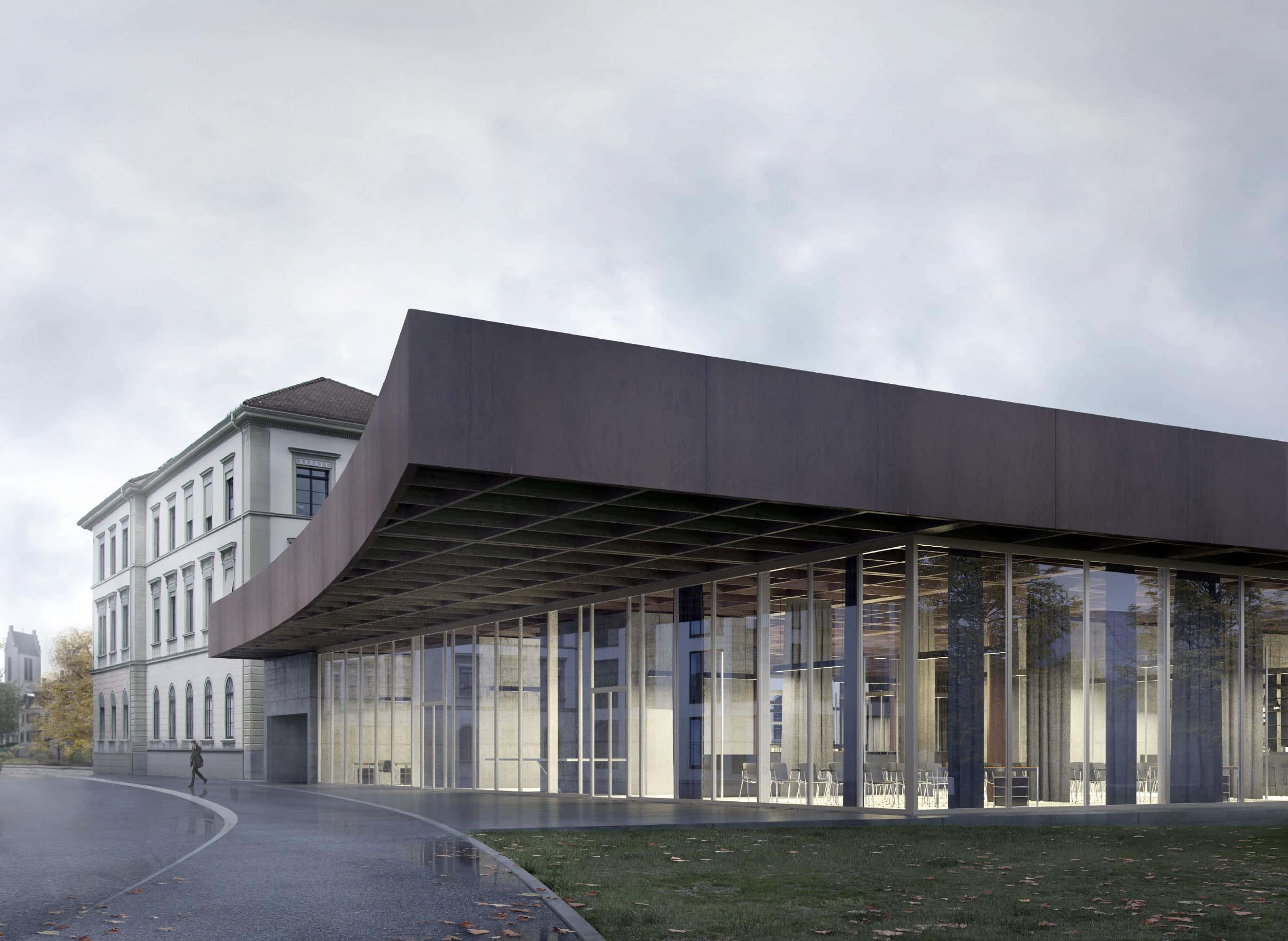 Frauenfeld, historic stone structure, modern glass and steel building, 2K Desktop Wallpaper