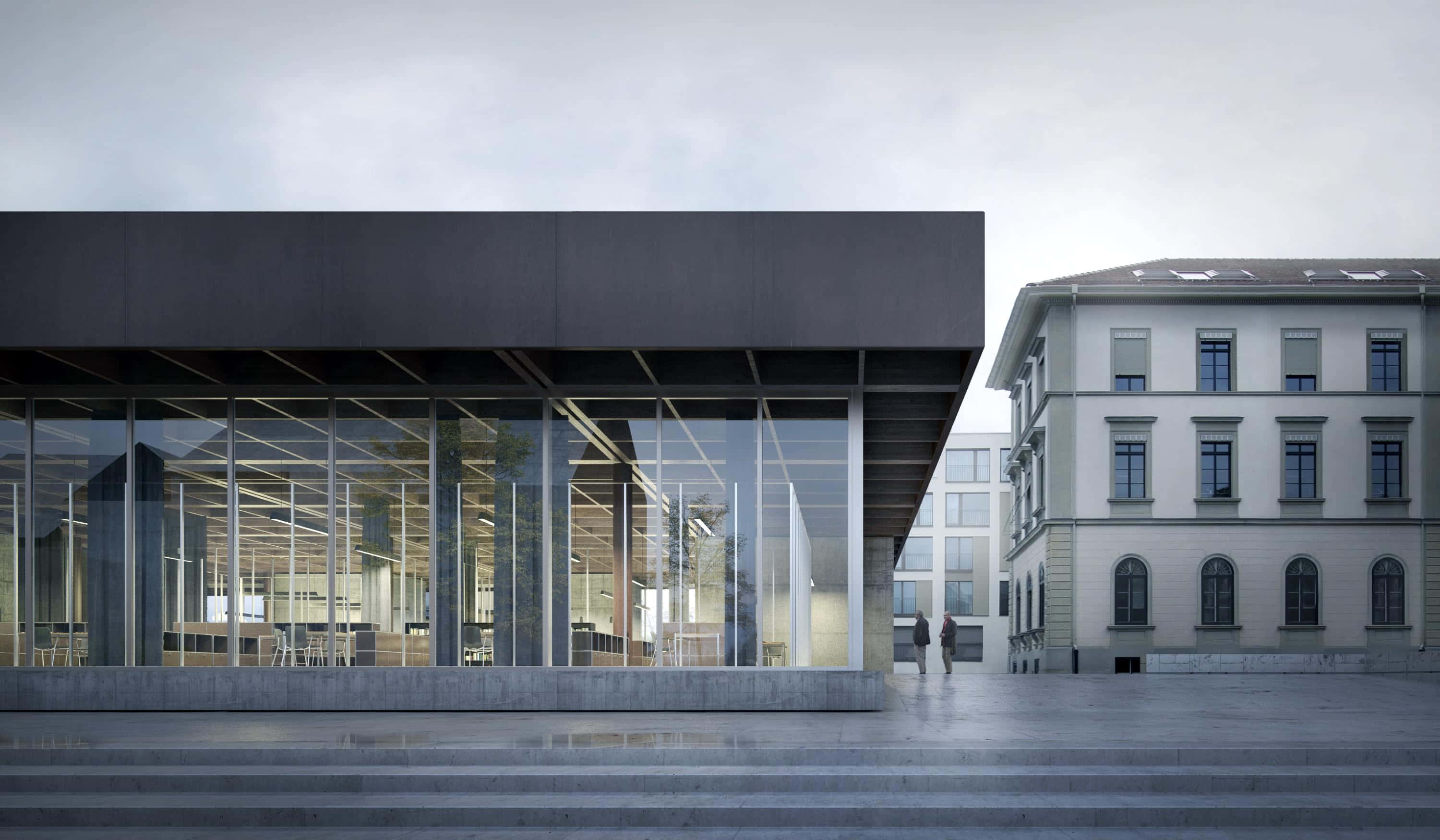 Frauenfeld, modern glass and concrete building, historic stone facade, 2K Desktop Wallpaper