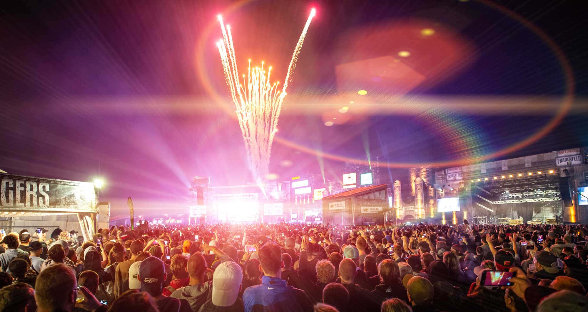 Frauenfeld, nighttime music festival, dazzling fireworks, Full HD Desktop Wallpaper