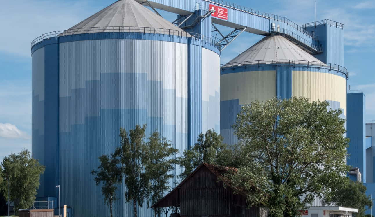 industrial silos, blue industrial silos, corrugated metal siding, HD Desktop Wallpaper