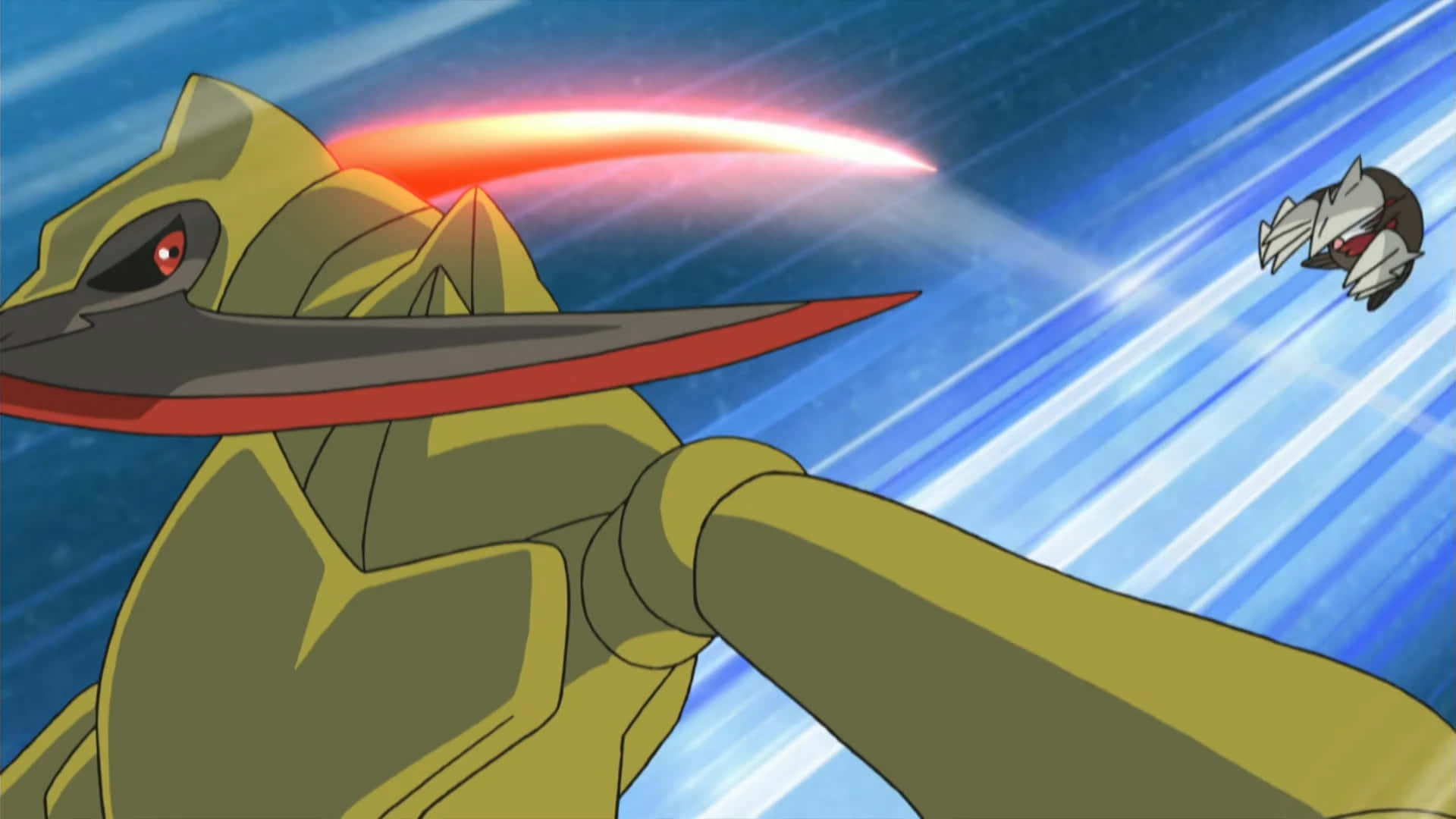 Fraxure, yellow anime Pokémon, red energy slash, Full HD Desktop Wallpaper