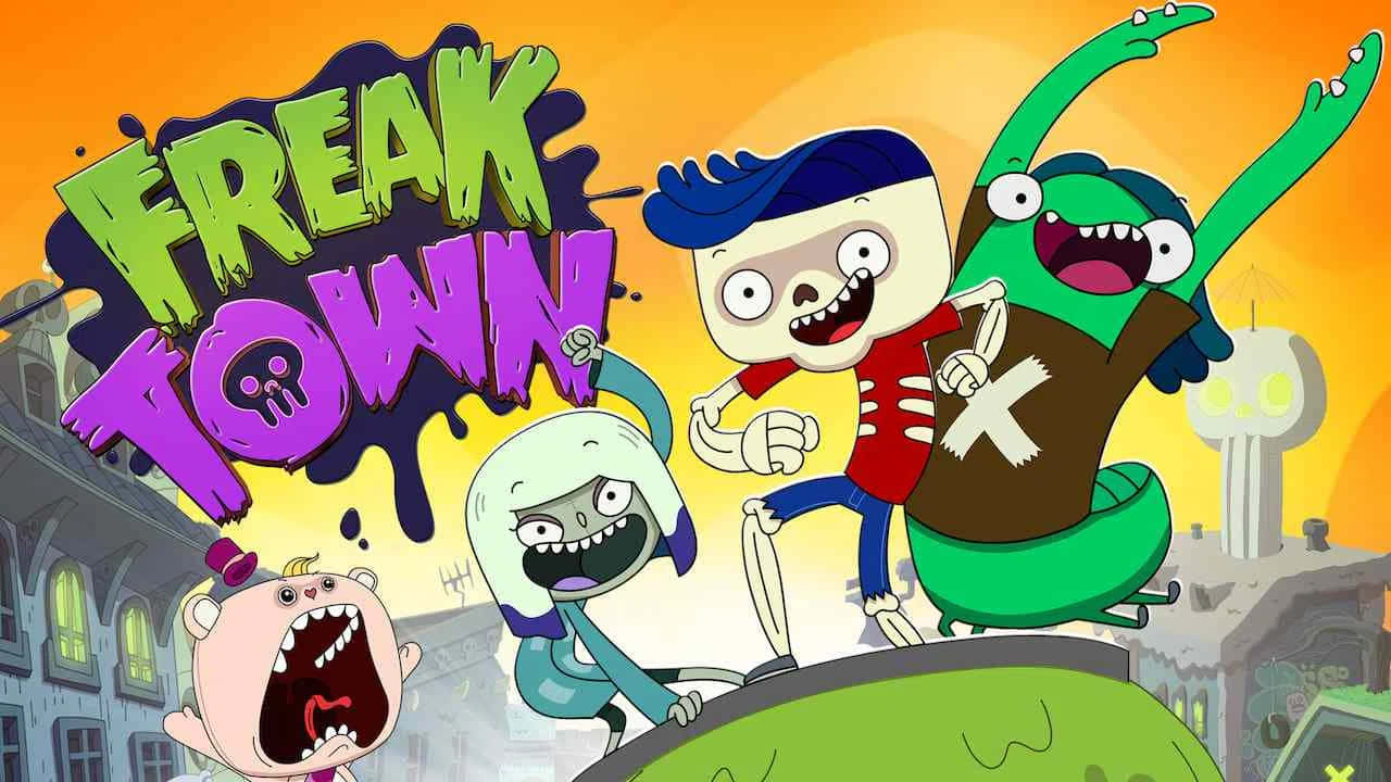 Freaktown, vibrant orange sky, title Freak Town splattered, HD Desktop Wallpaper