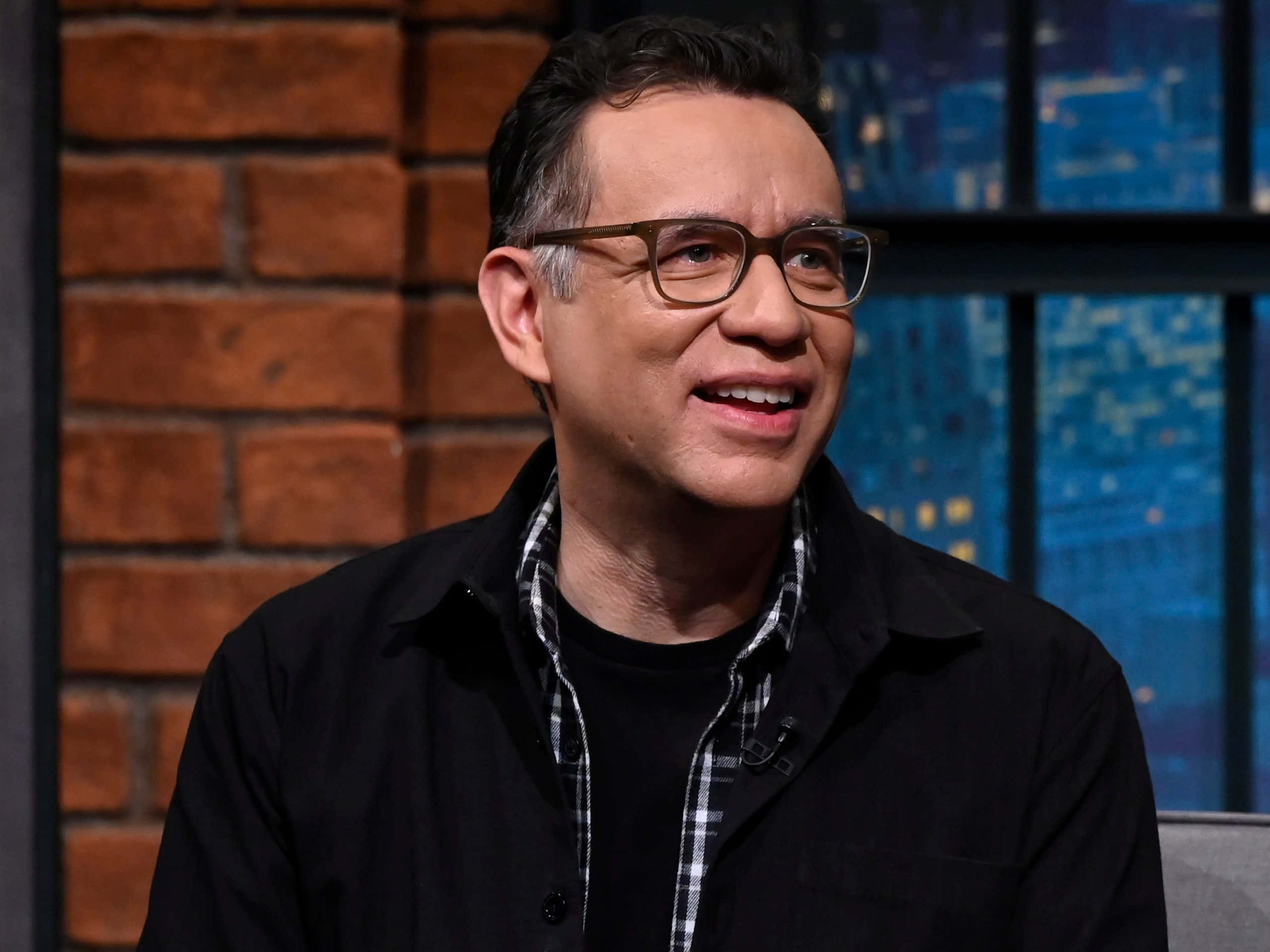 Fred Armisen, brick wall, cityscape, Full HD Desktop Wallpaper