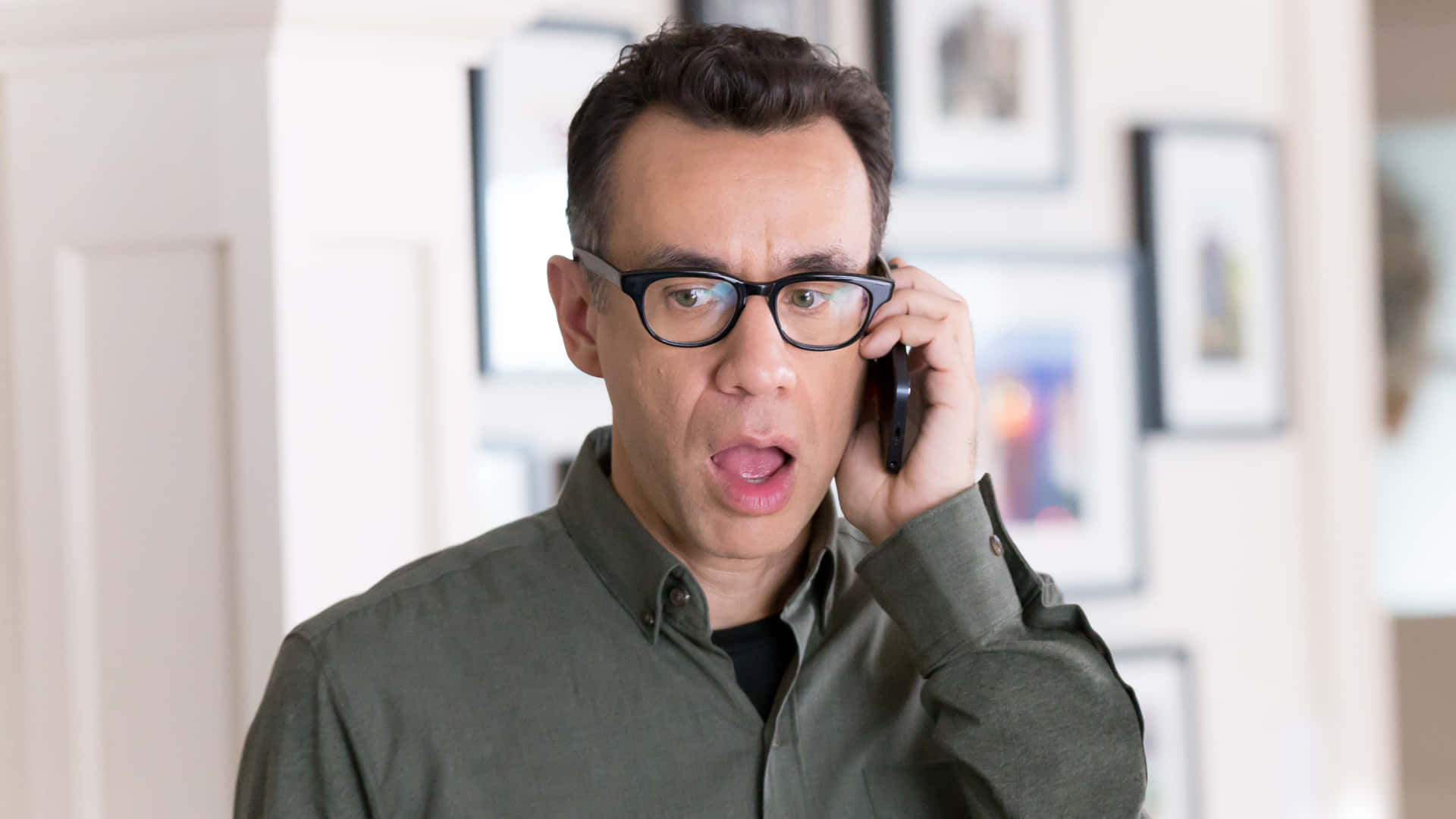 Fred Armisen, glasses, olive shirt, Full HD Desktop Wallpaper
