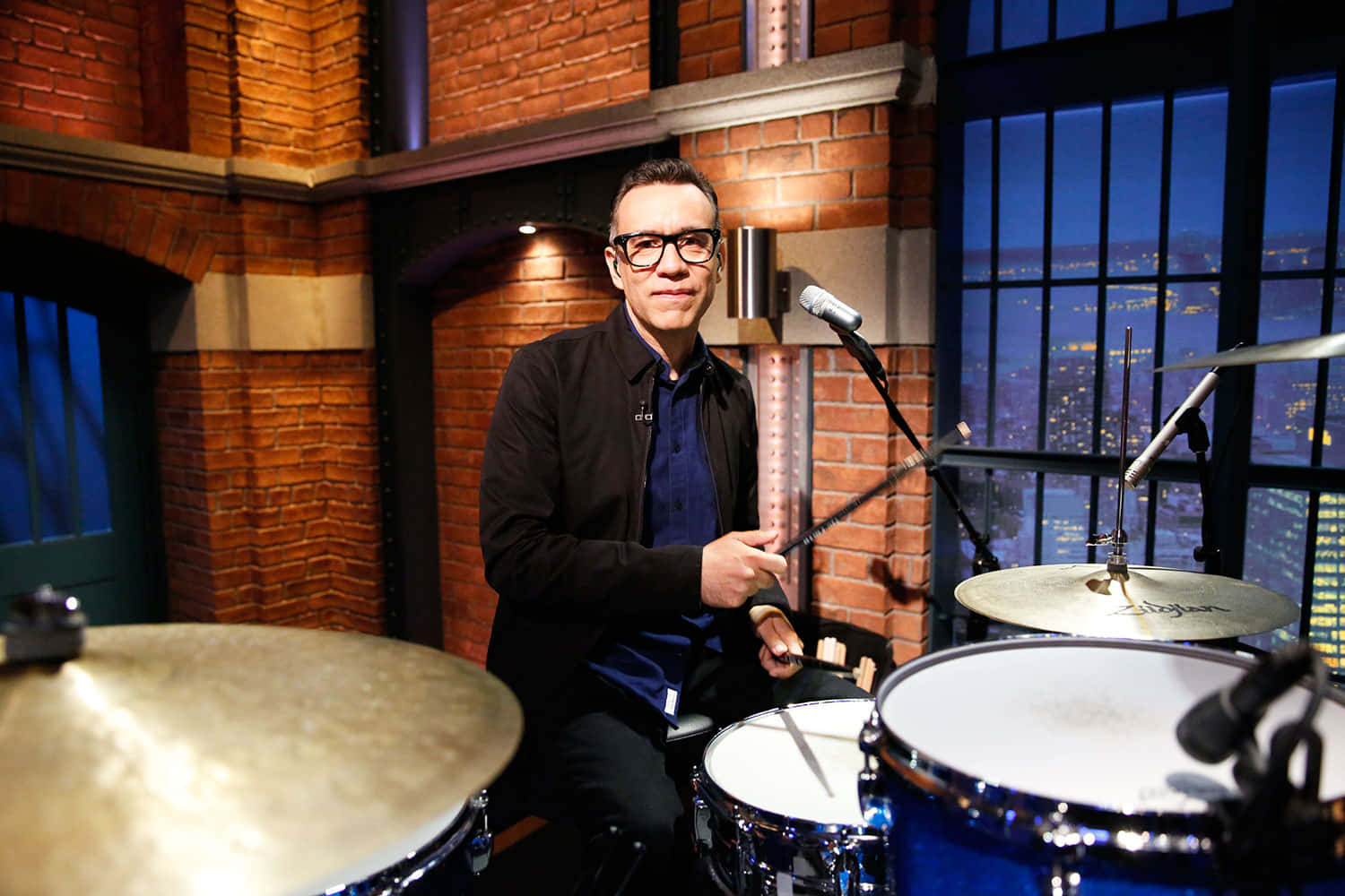 Fred Armisen, drum set, brick-walled studio, HD Desktop Wallpaper