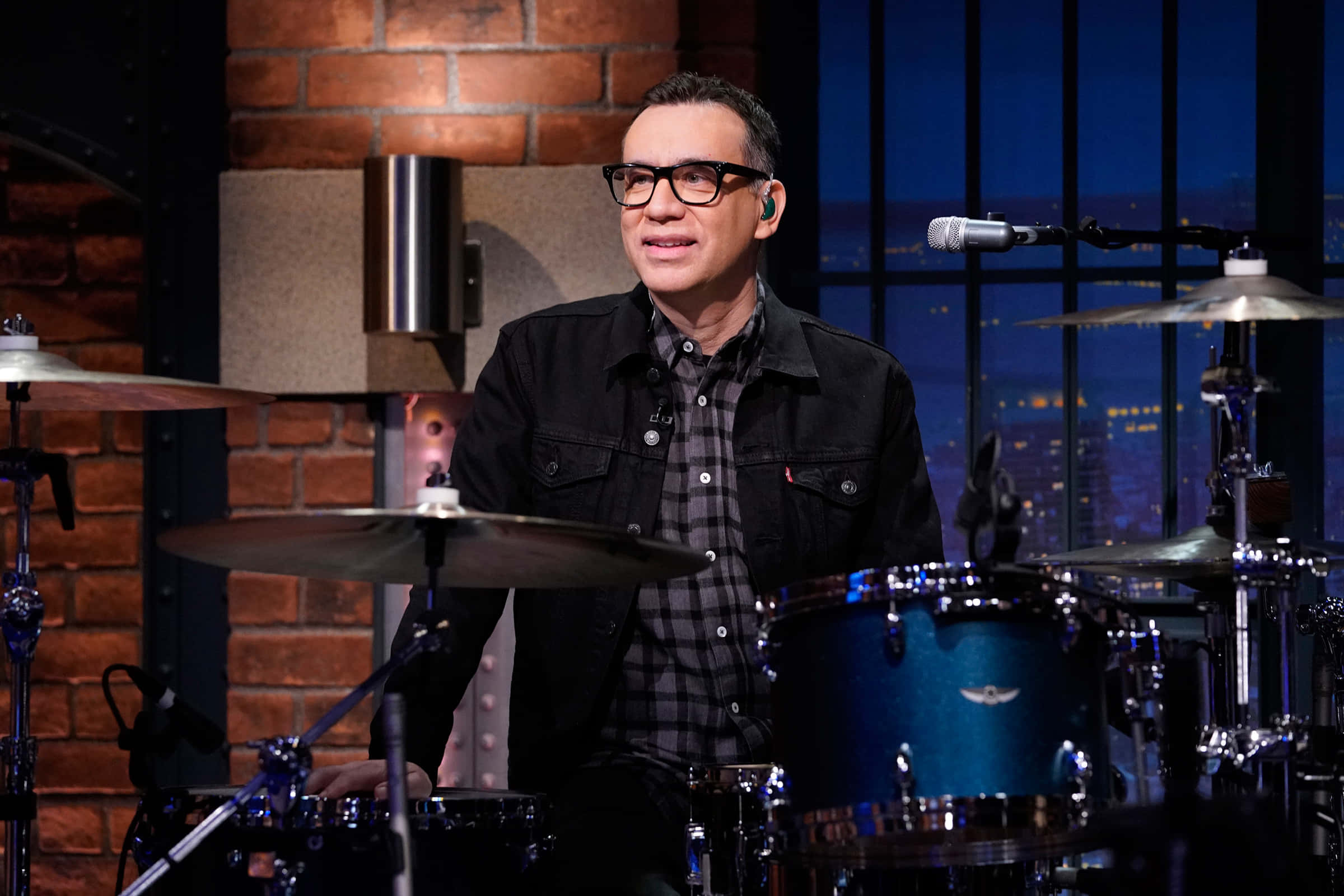 Fred Armisen, drum set, brick walls, Full HD Desktop Wallpaper