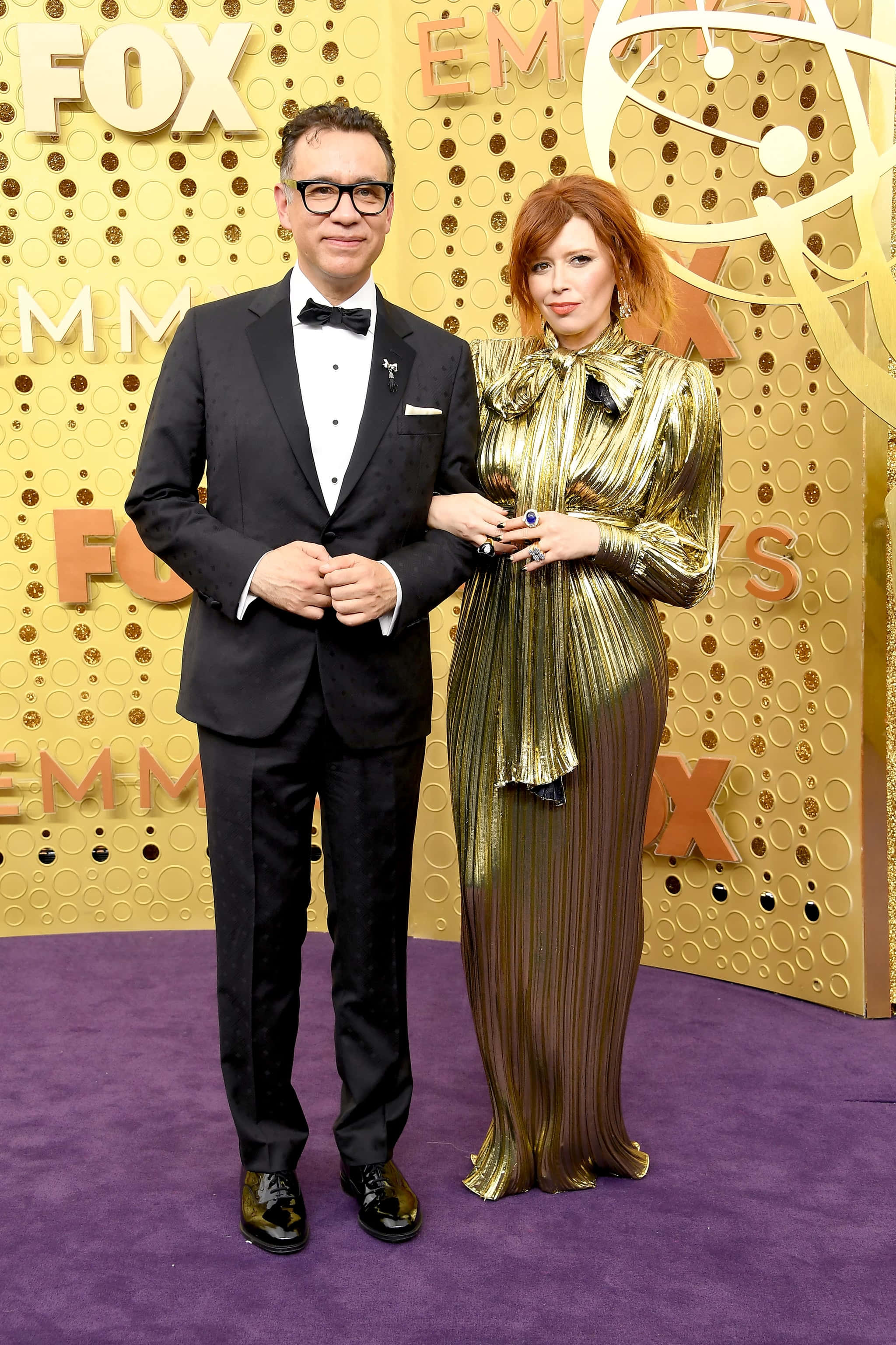 Fred Armisen, black tuxedo, shimmering gold gown, 2K Phone Wallpaper