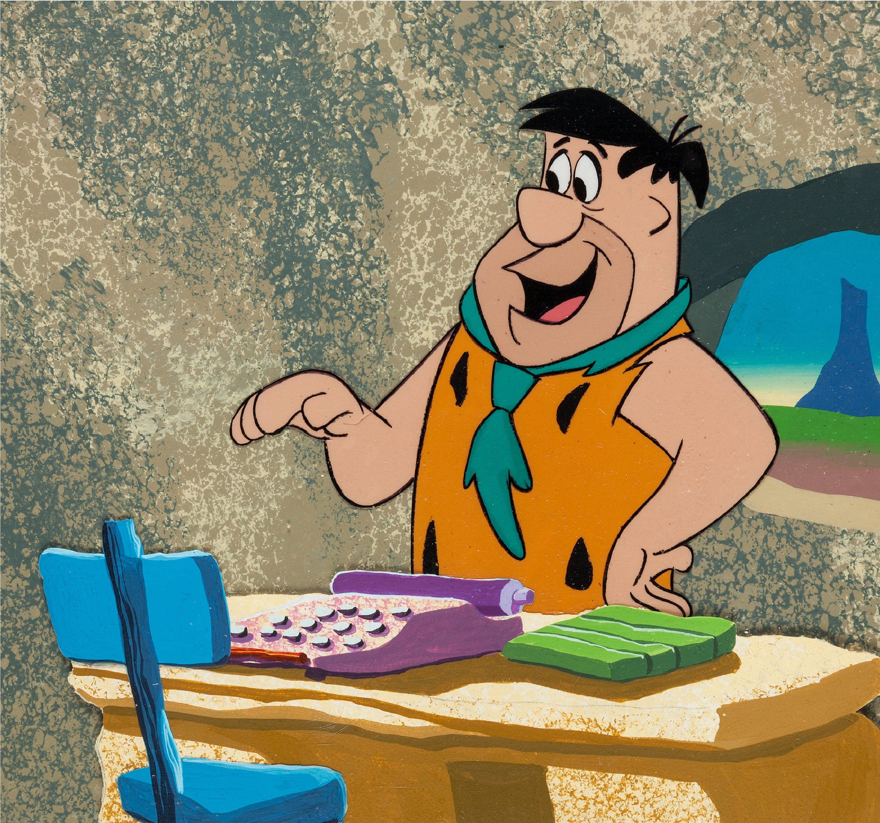 Fred Flintstone, stone-age desk, purple typewriter, 2K Desktop Wallpaper
