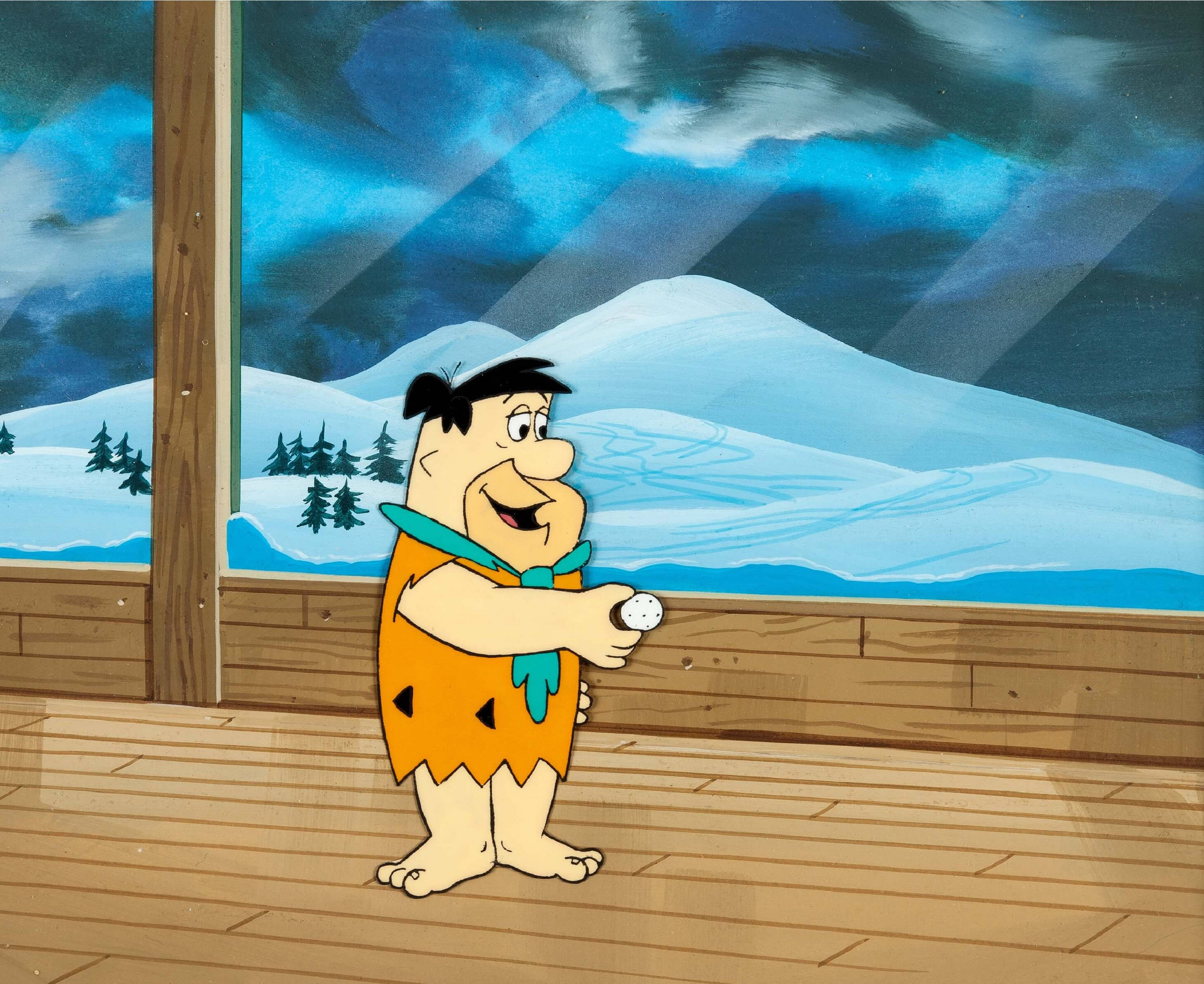 Fred Flintstone, snowball, wooden porch, 2K Desktop Wallpaper