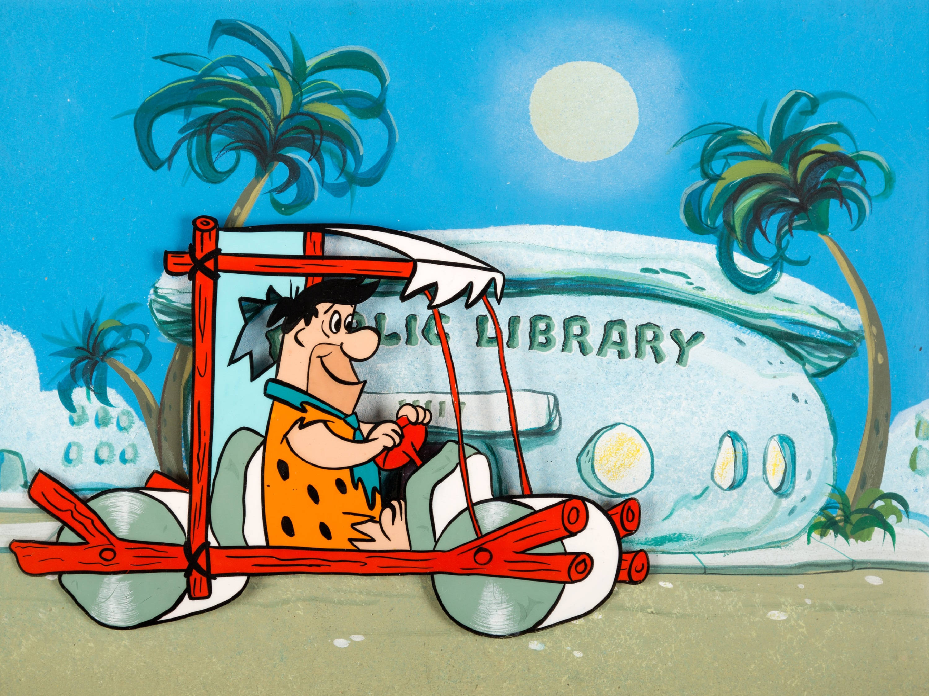 Fred Flintstone, stone-age car, prehistoric library, 2K Desktop Wallpaper