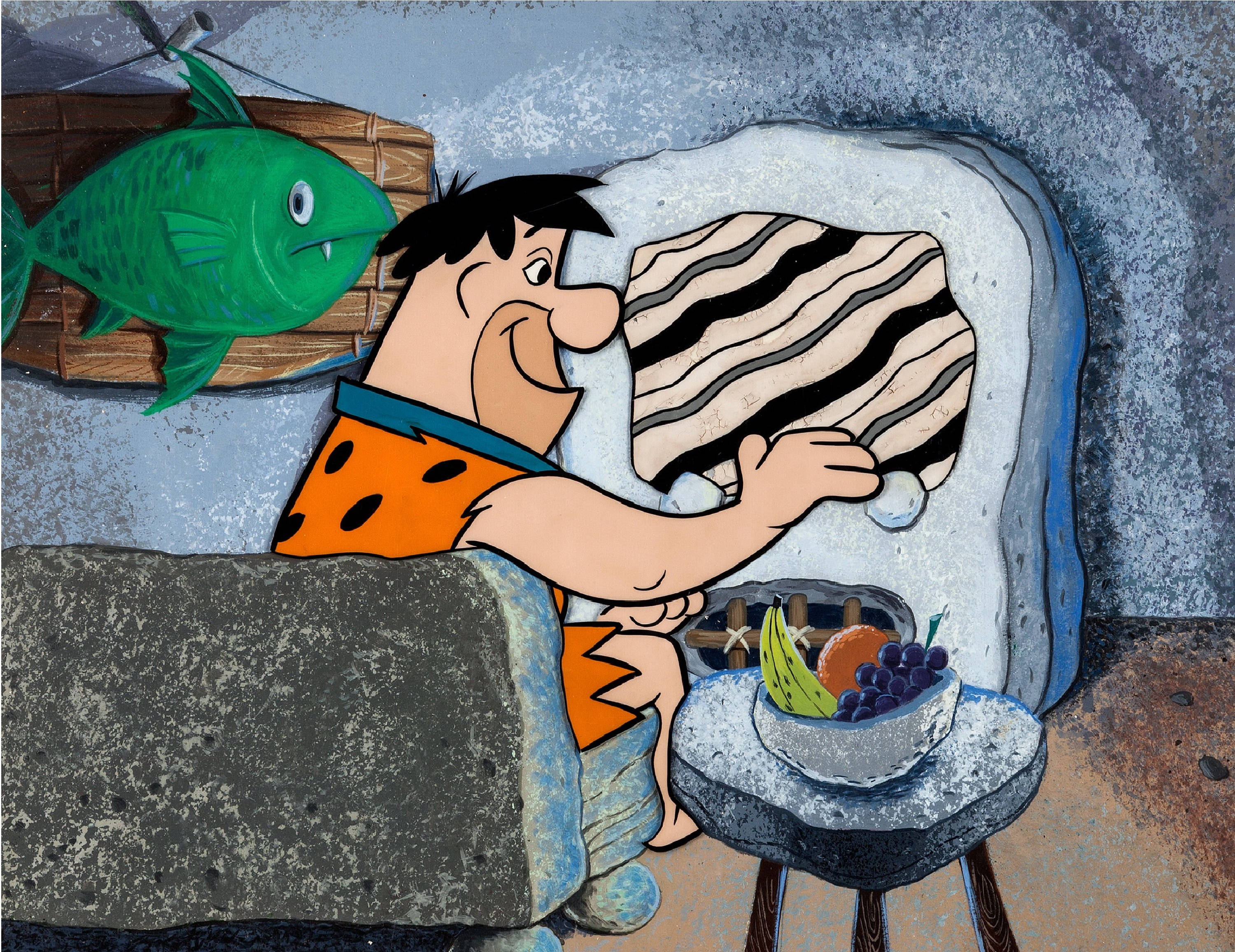 Fred Flintstone, zebra-striped blanket, stone-age cave, 2K Desktop Wallpaper