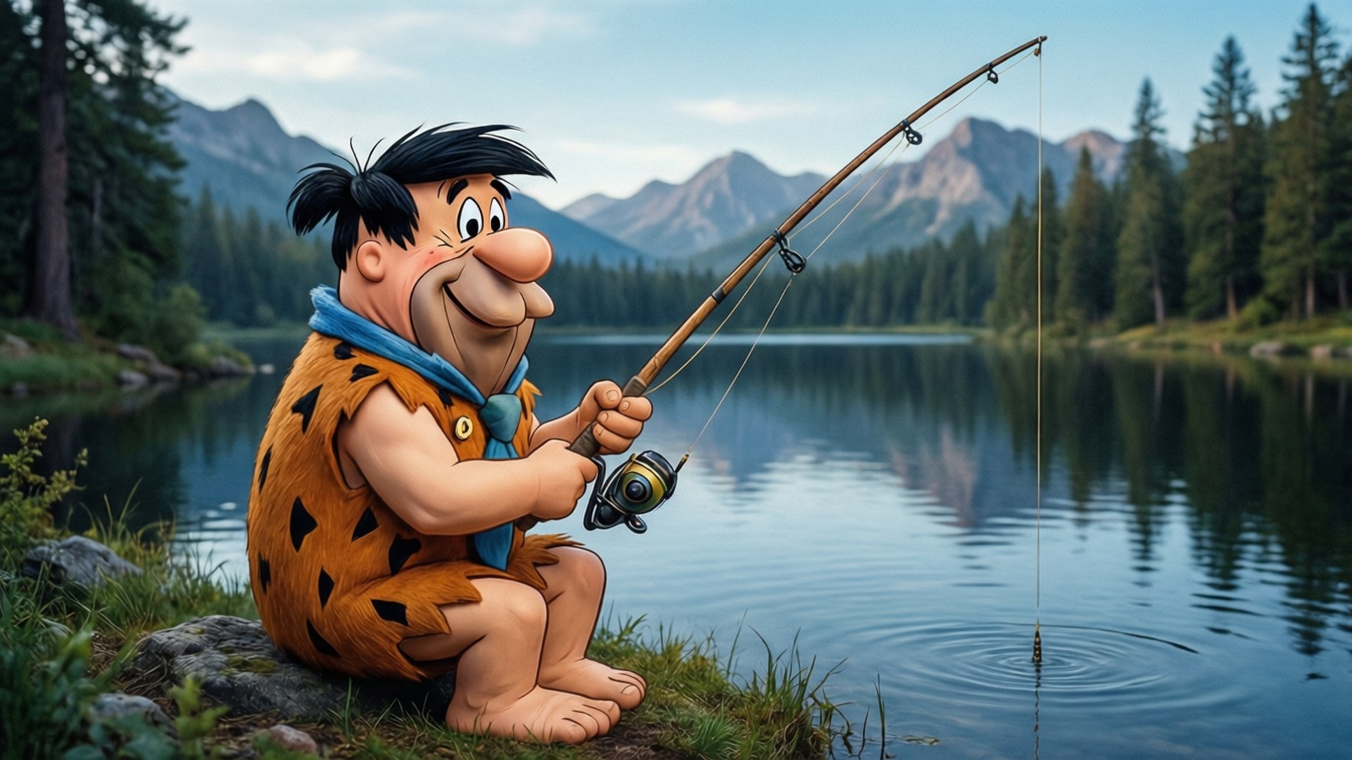 Fred Flintstone, leopard-print tunic, mountain lake, Full HD Desktop Wallpaper