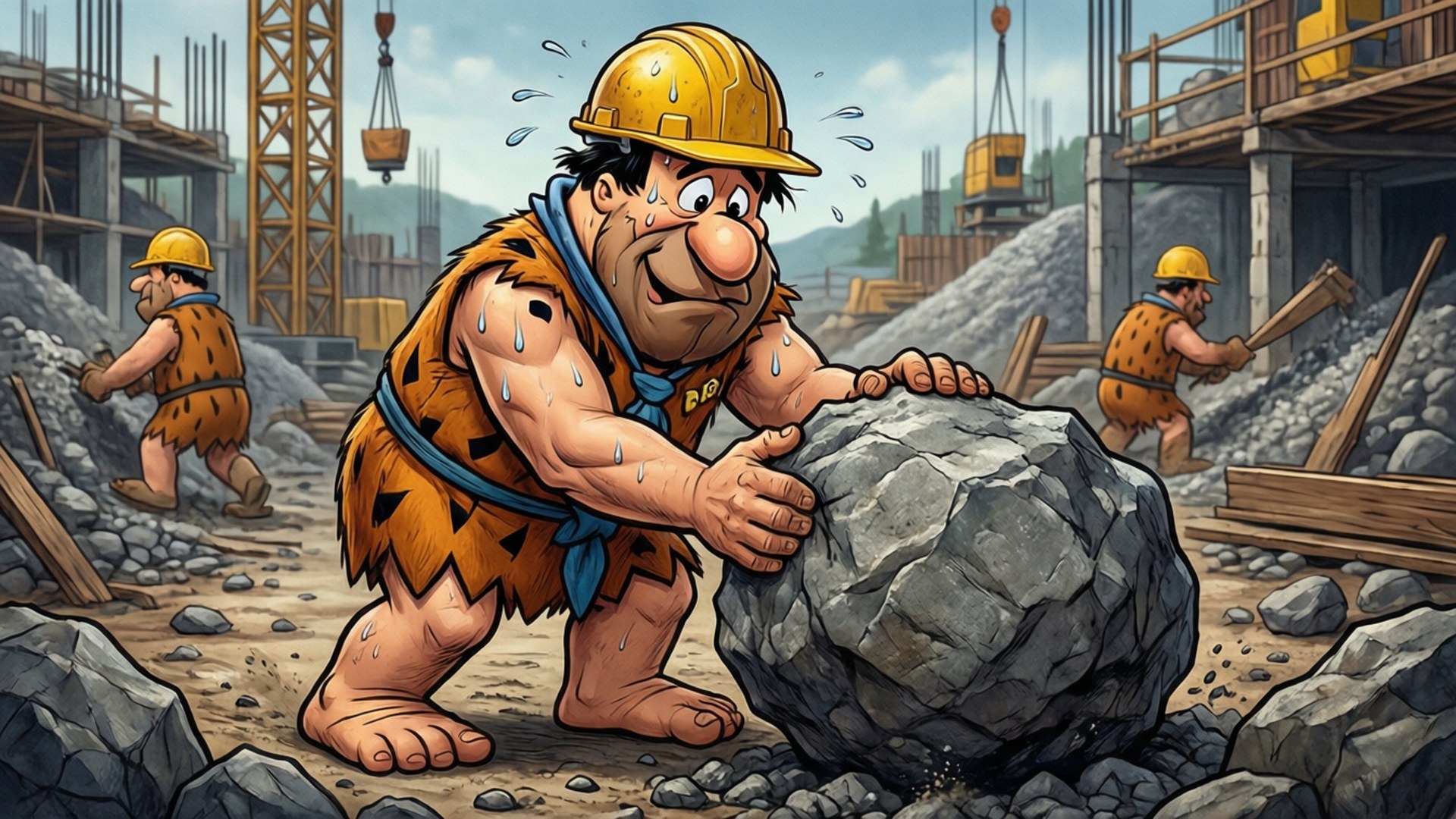 Fred Flintstone, yellow hard hat, giant boulder, Full HD Desktop Wallpaper