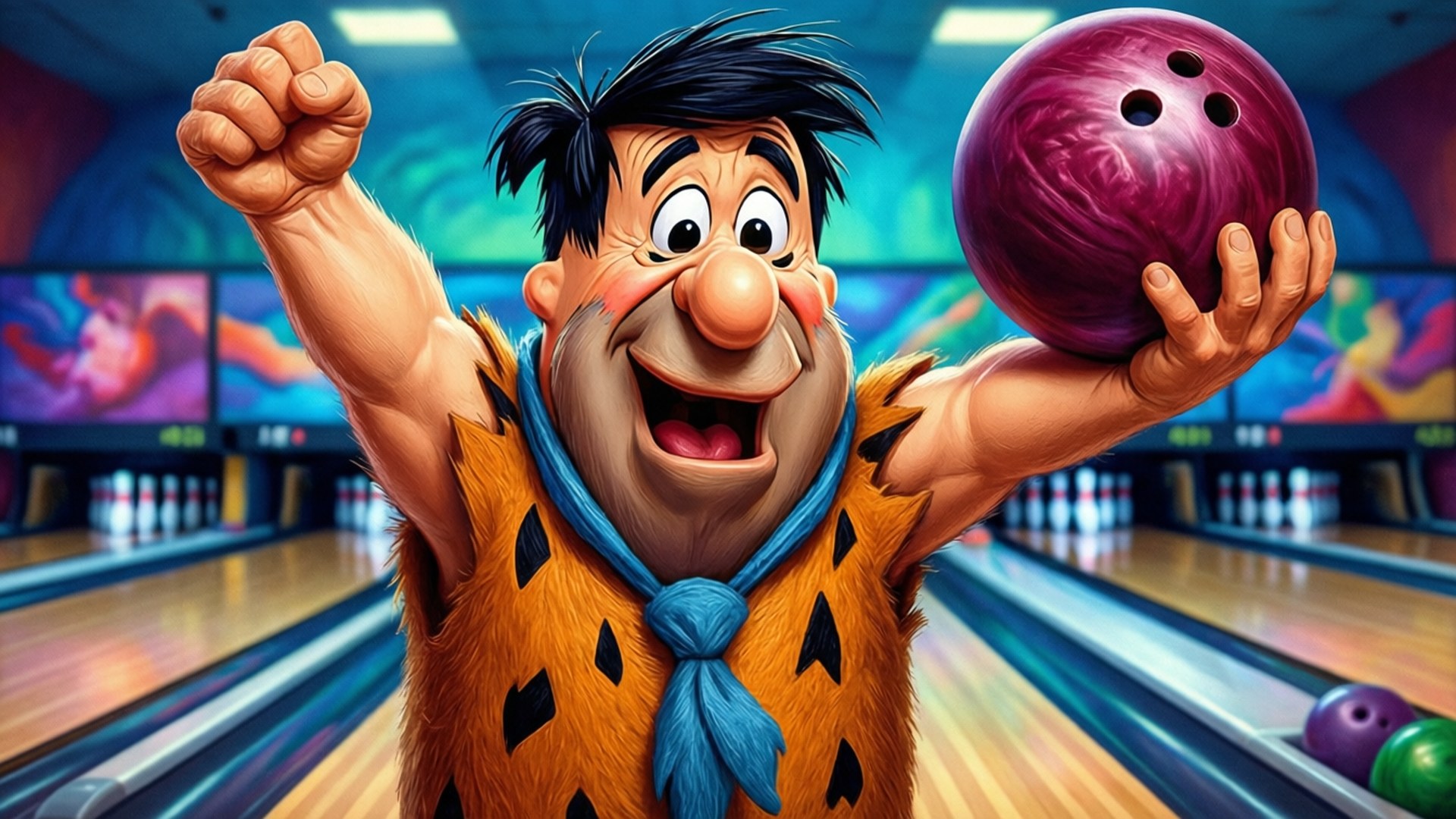 Fred Flintstone, purple bowling ball, vibrant bowling alley, Full HD Desktop Wallpaper