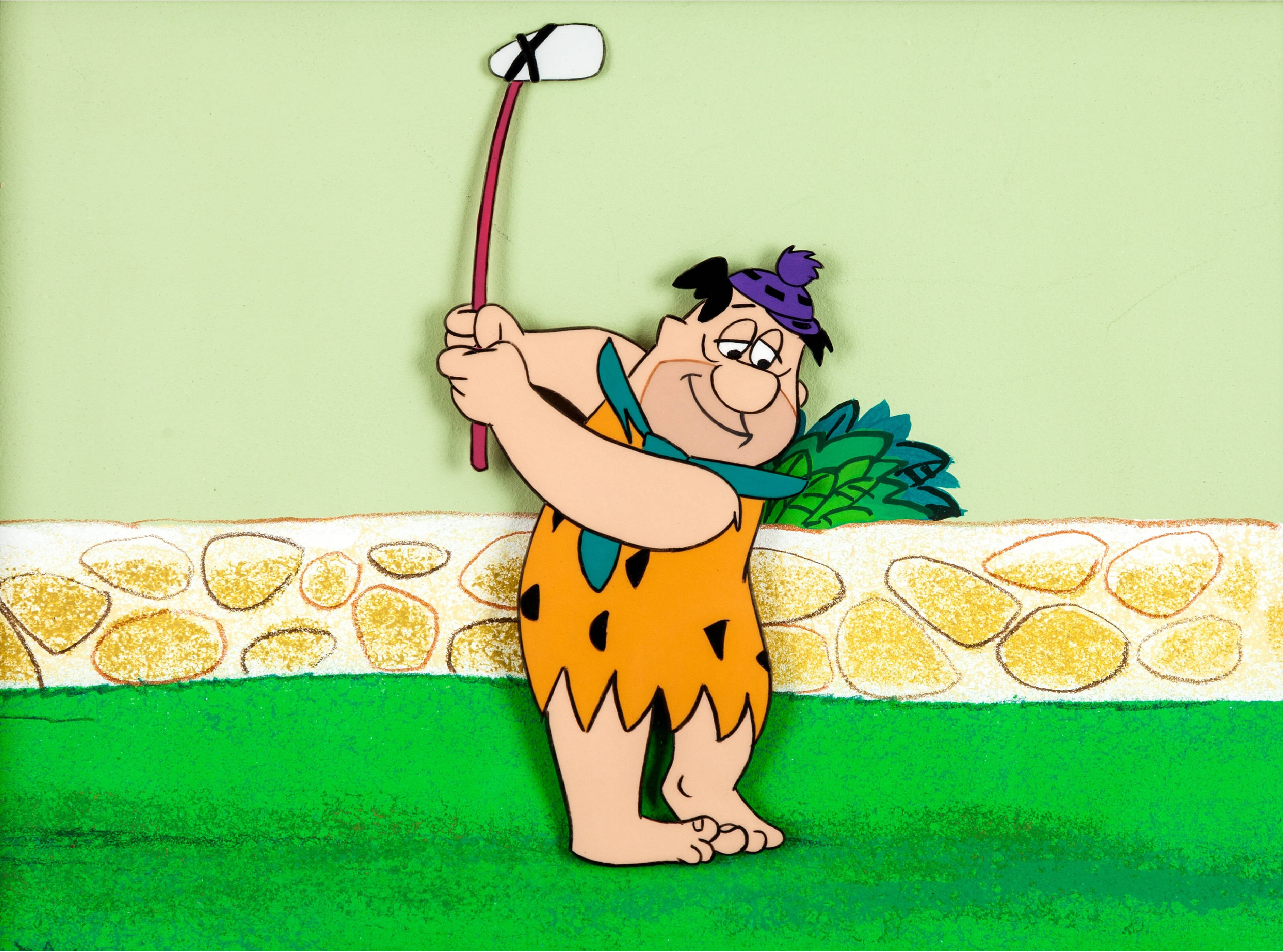 Fred Flintstone, stone-age golf club, bright green course, 2K Desktop Wallpaper