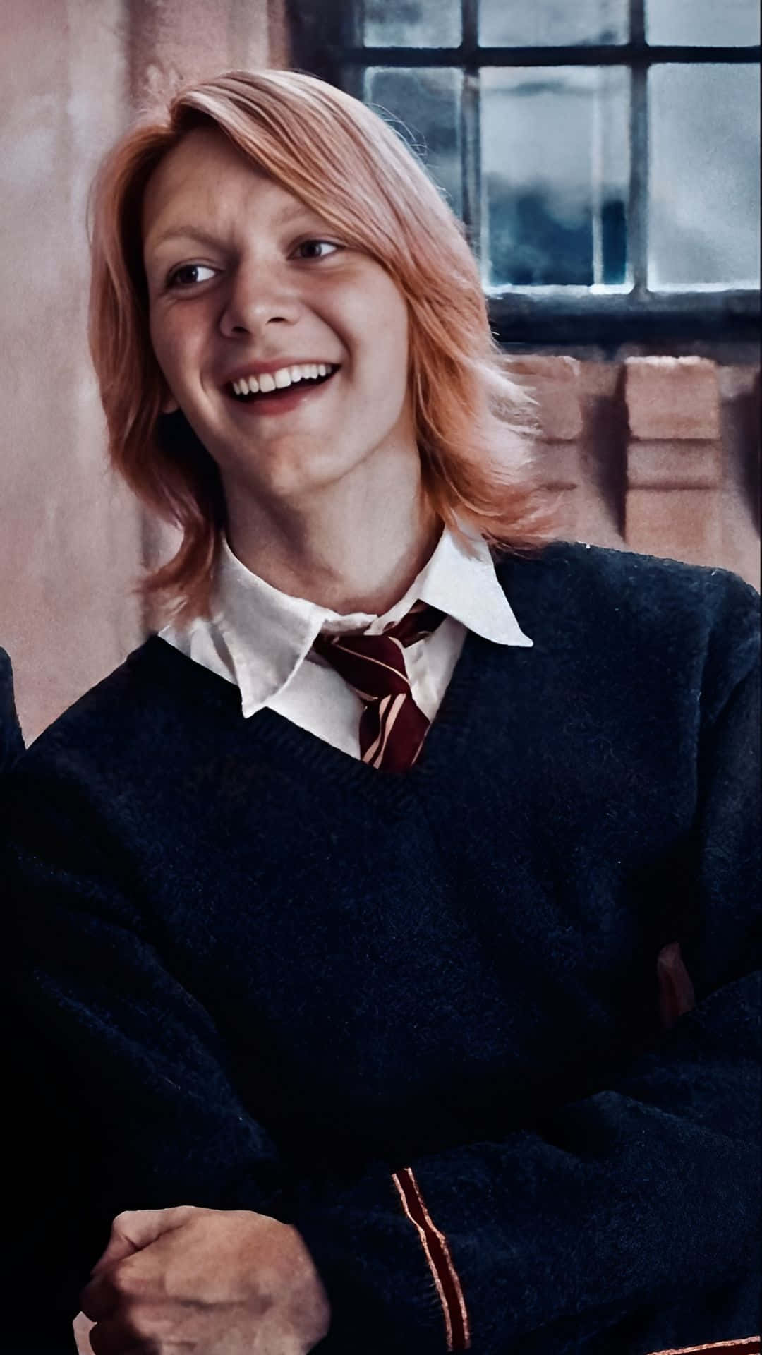 Fred Weasley, peach blonde hair, dark blue school sweater, Full HD Phone Wallpaper