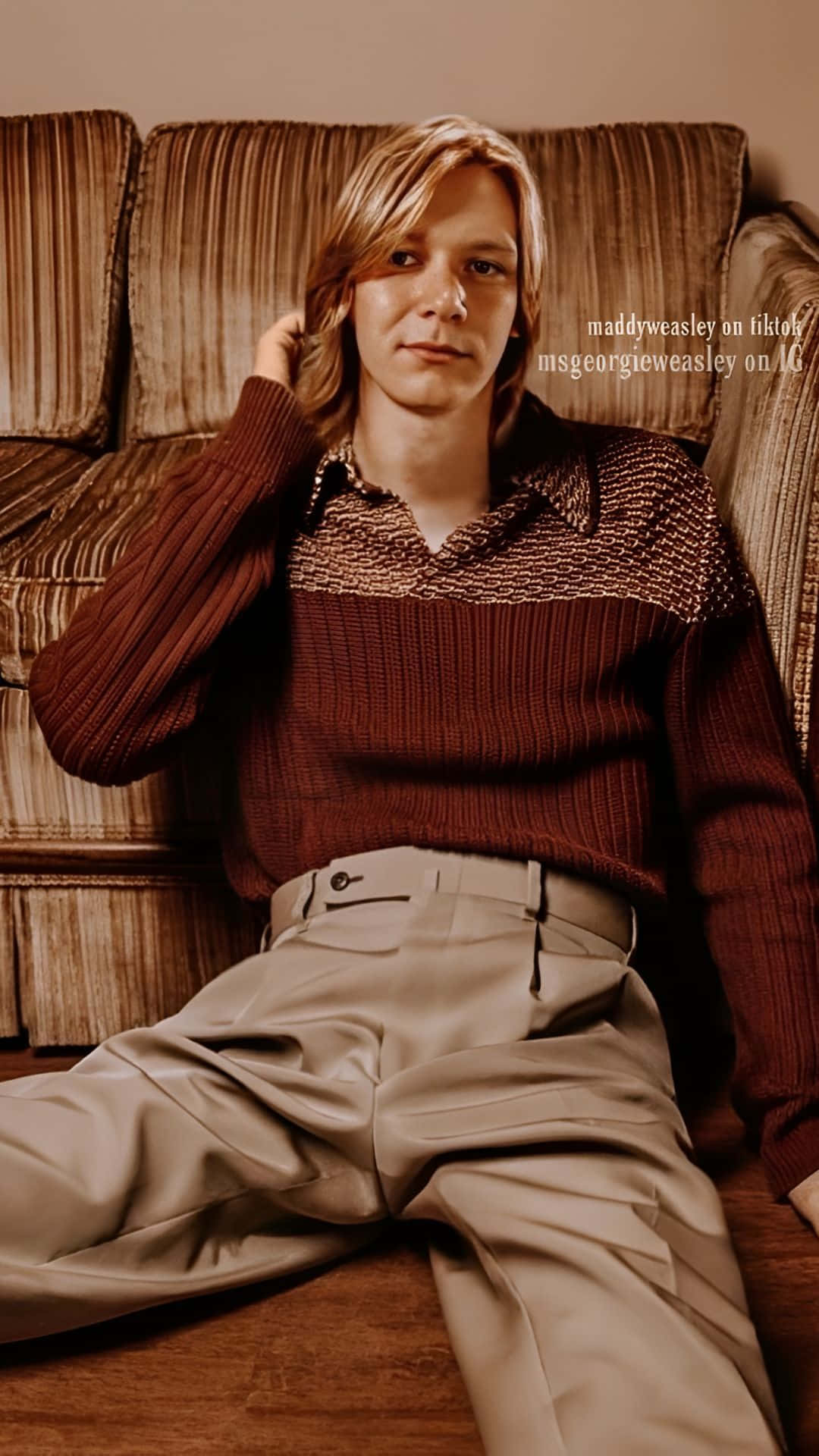 Fred Weasley, long blonde hair, striped sofa, Full HD Phone Wallpaper