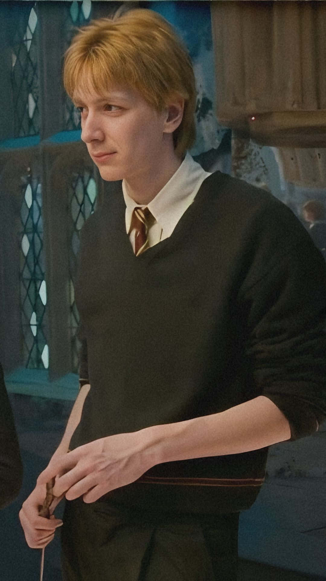 Fred Weasley, black sweater, white collared shirt, Full HD Phone Wallpaper