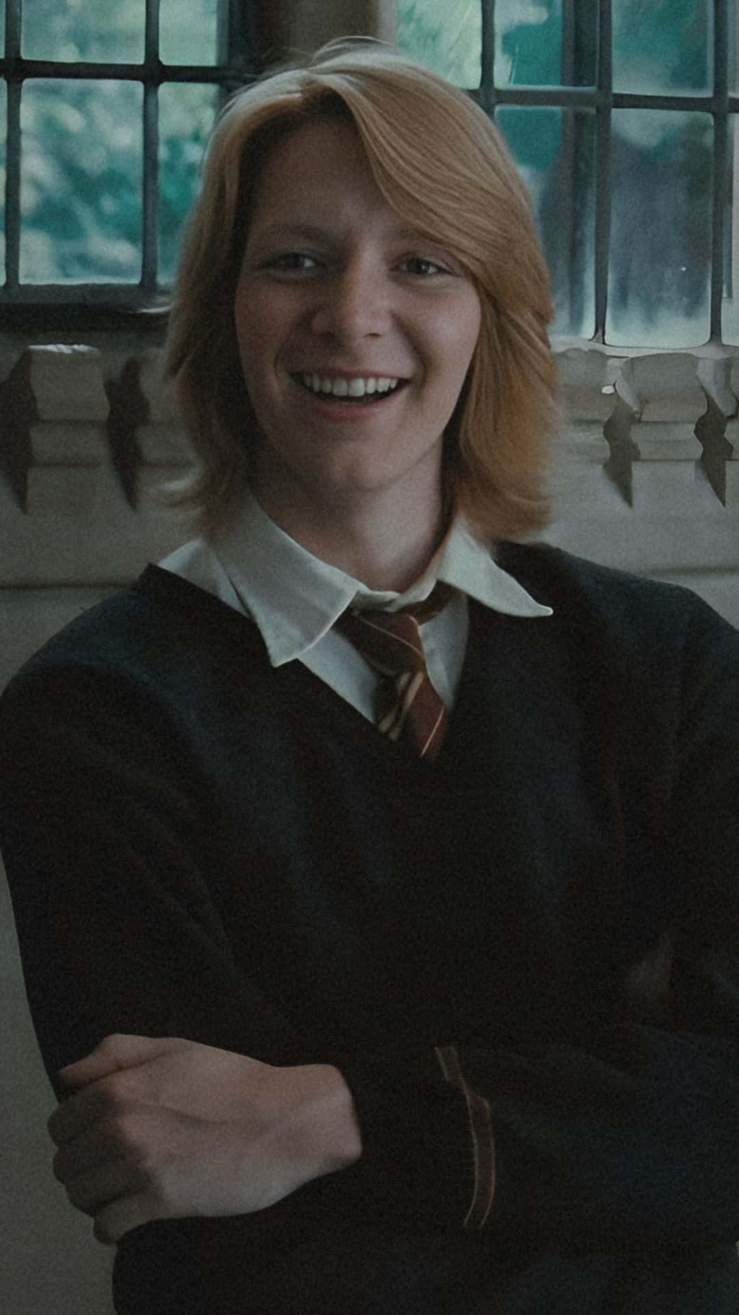 Fred Weasley, blonde hair, dark school sweater, Full HD Phone Wallpaper