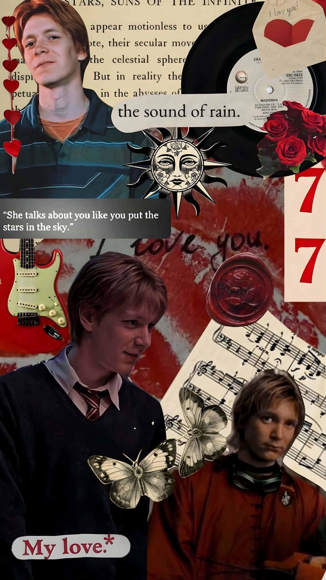 Fred Weasley, red roses, vinyl records, Full HD Phone Wallpaper