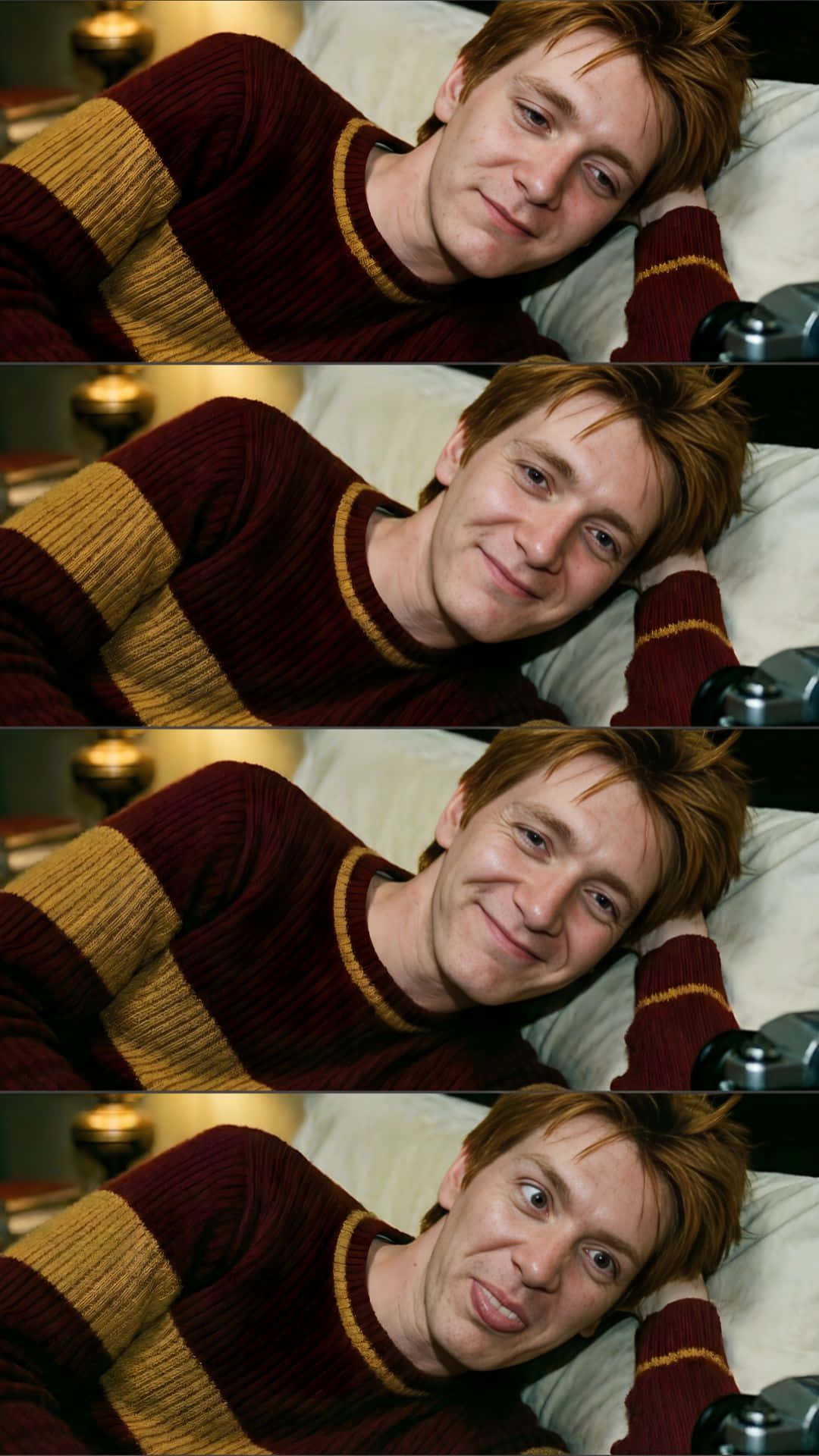 Fred Weasley, red hair, maroon and gold striped sweater, Full HD Phone Wallpaper