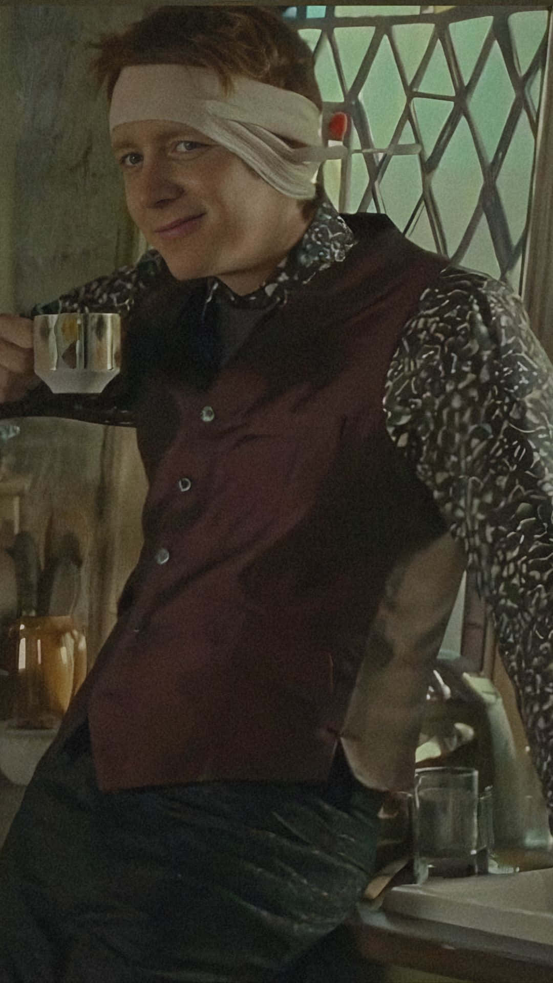Fred Weasley, white eye patch, glass mug, Full HD Phone Wallpaper