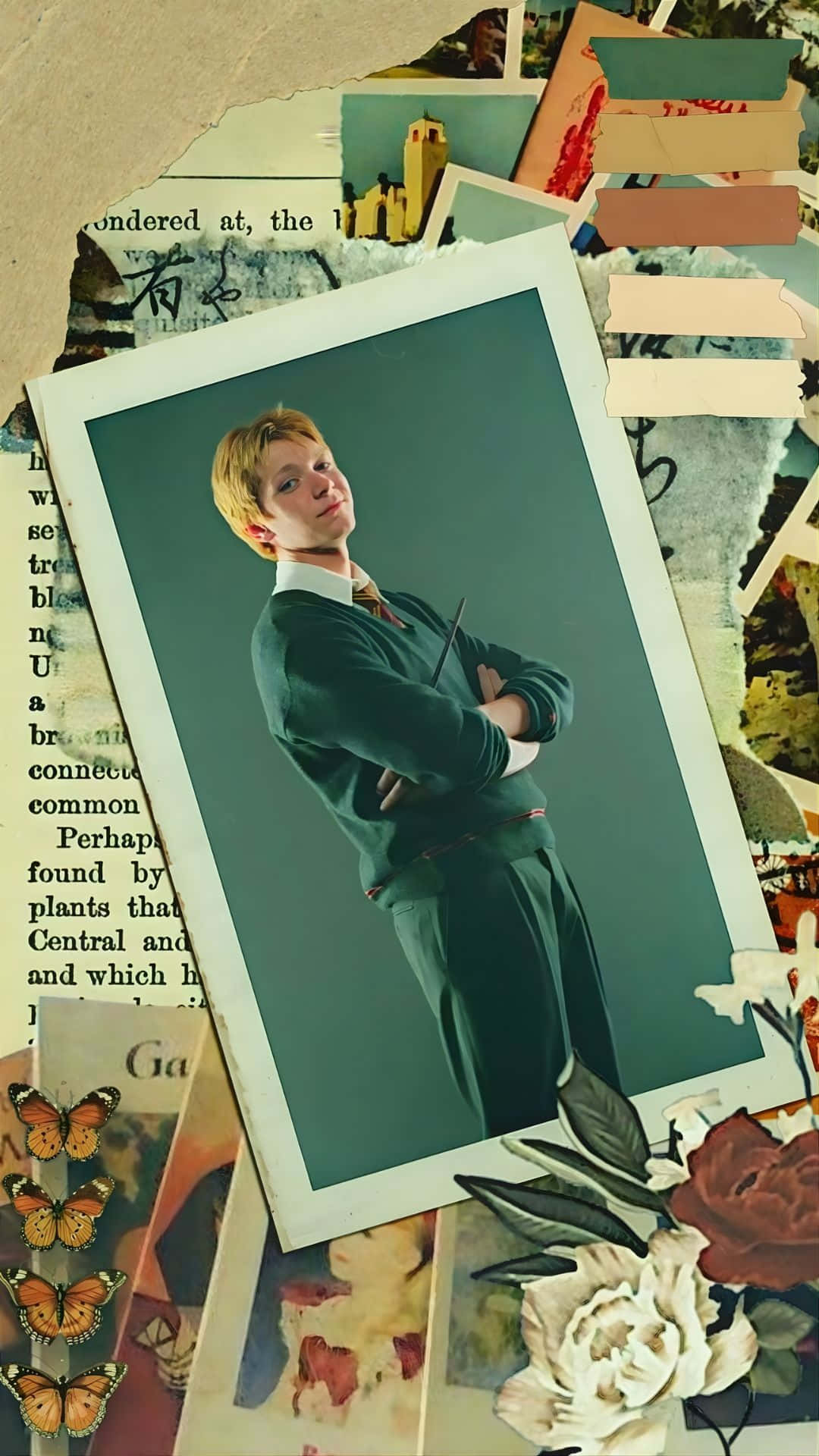 Fred Weasley, green school uniform, torn paper text flowers, Full HD Phone Wallpaper