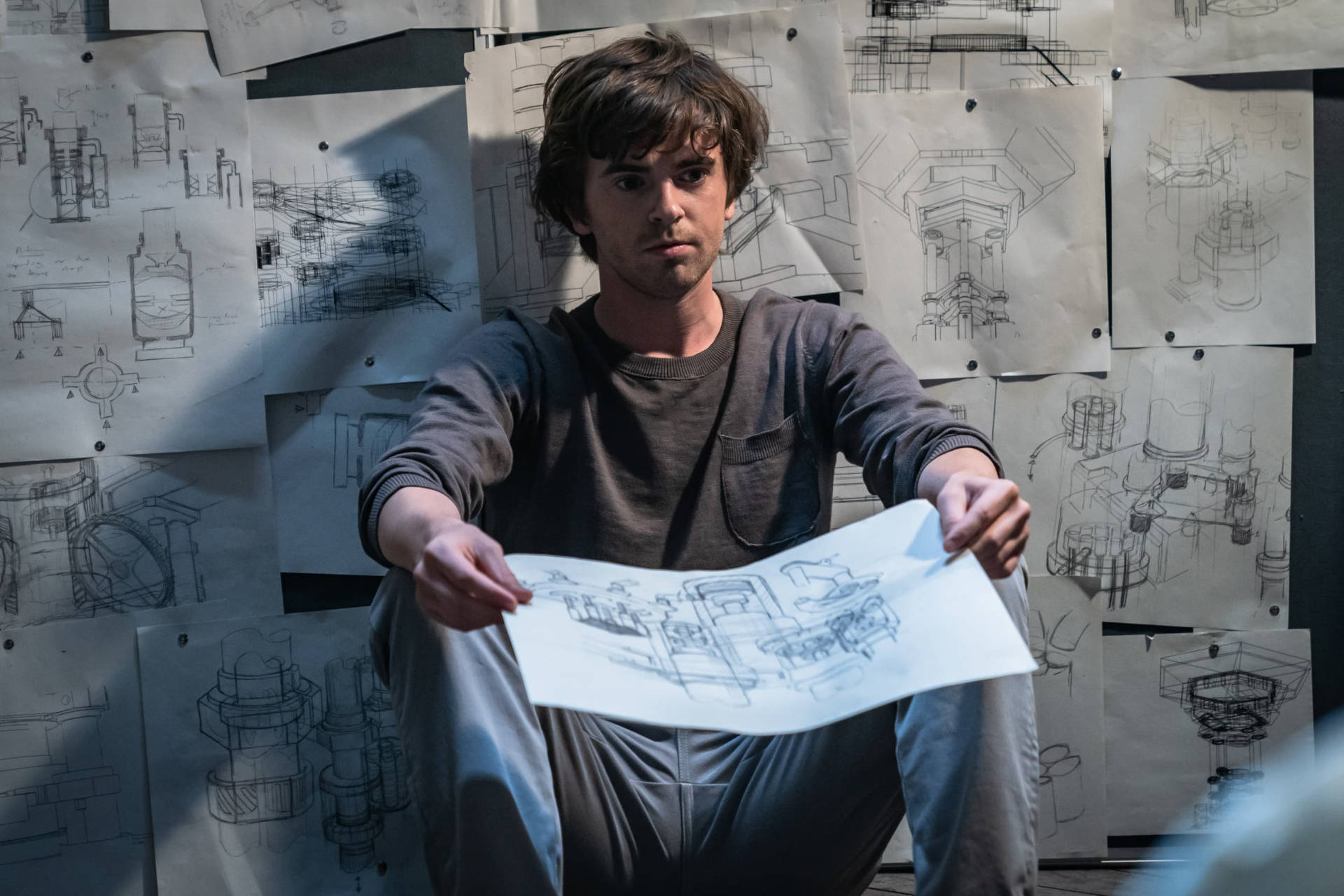 Freddie Highmore, mechanical sketch, engineering drawings, Full HD Desktop Wallpaper