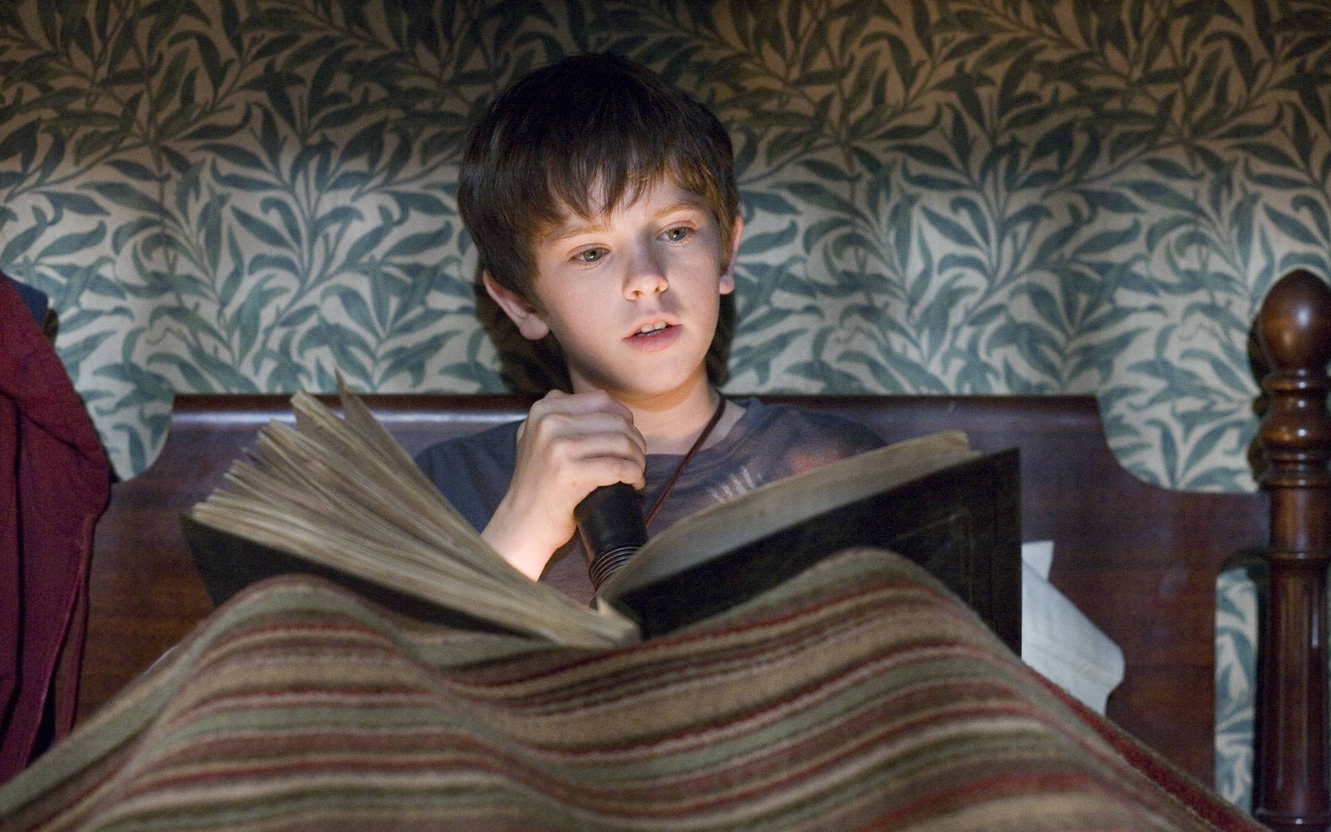 Freddie Highmore, striped blankets, flashlight, Full HD Desktop Wallpaper