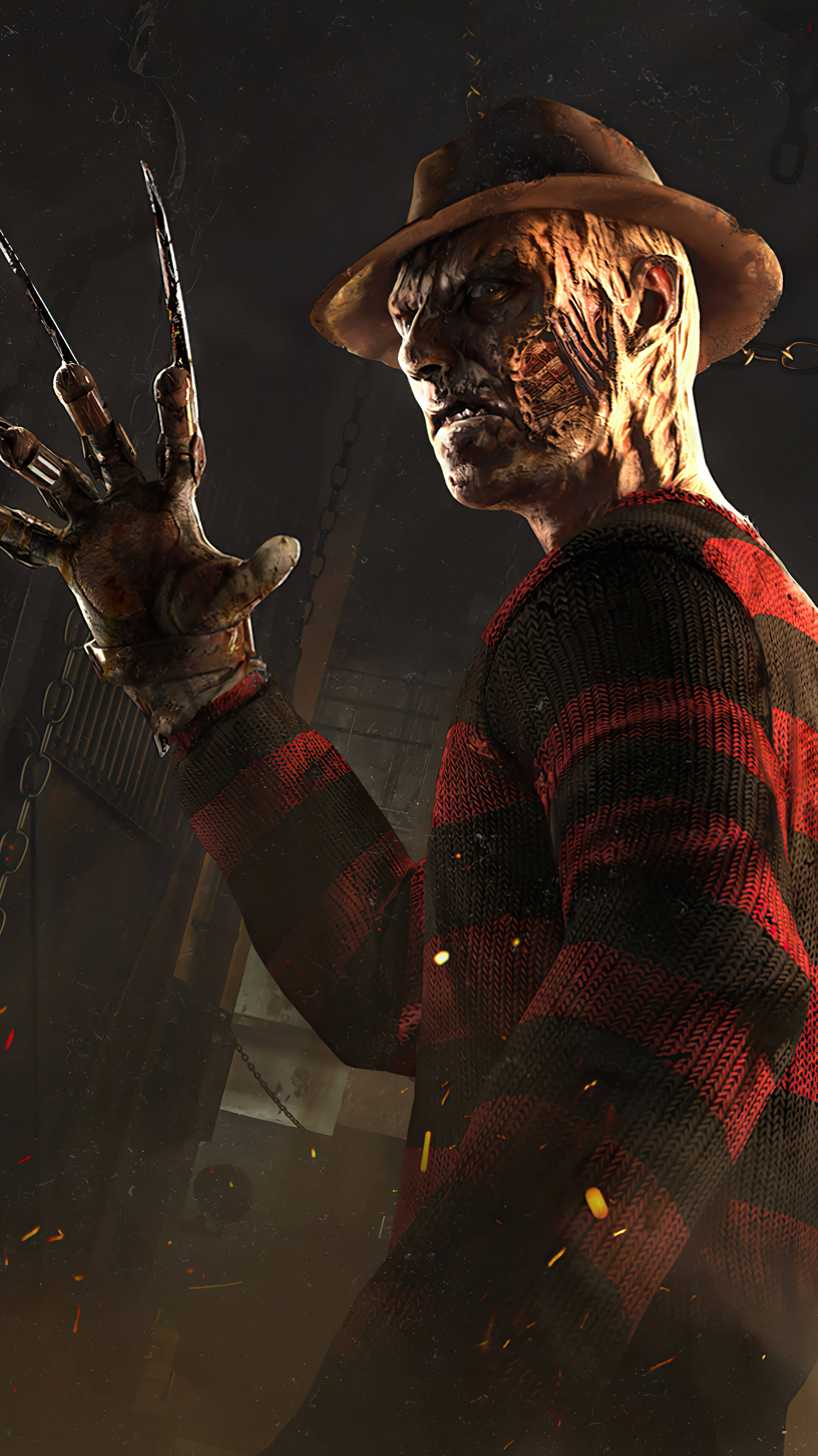 Freddy Krueger, industrial setting, sparks, 4K Phone Wallpaper