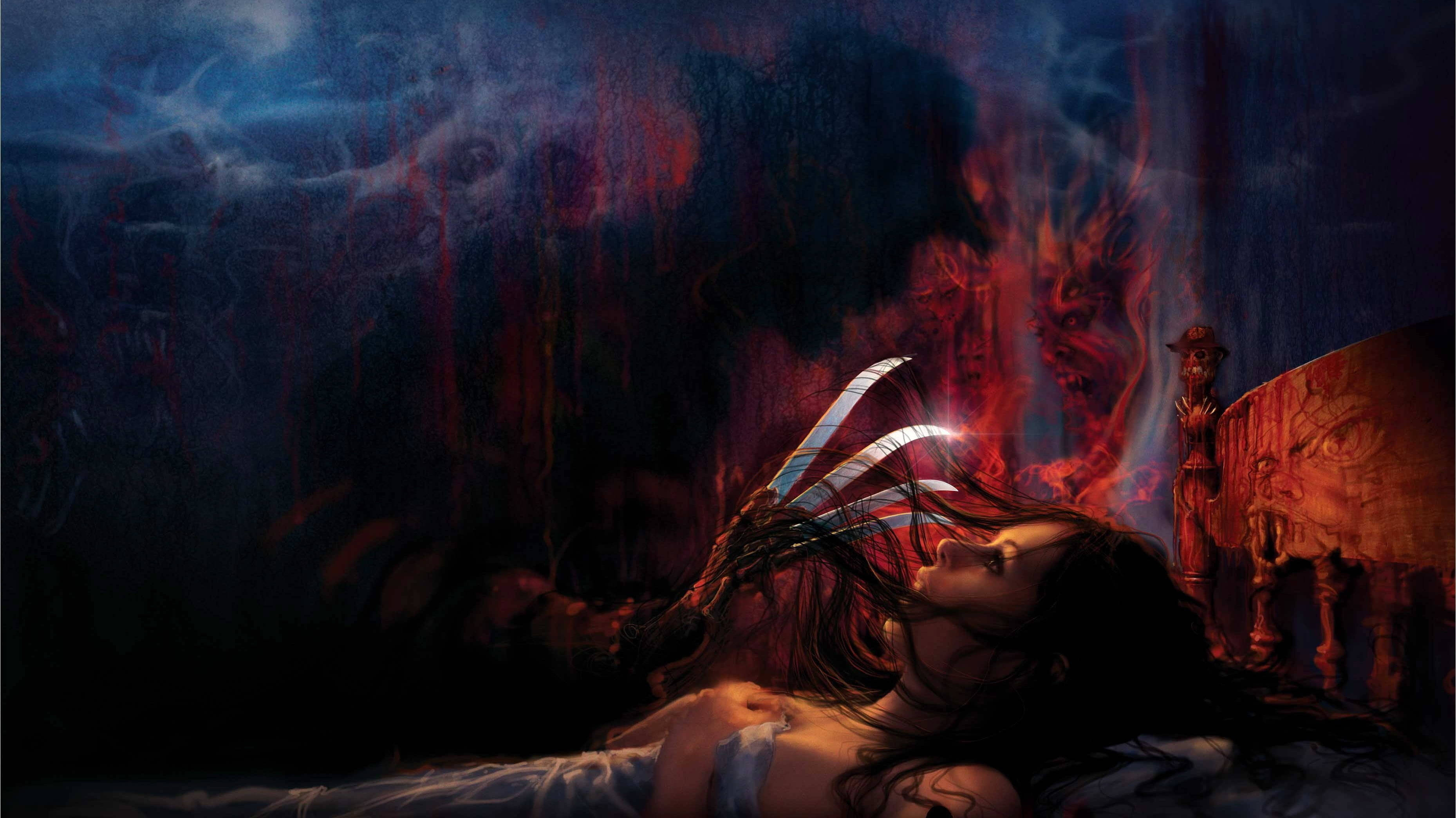Freddy Krueger, demonic figures, swirling red and blue shadows, 2K Desktop Wallpaper
