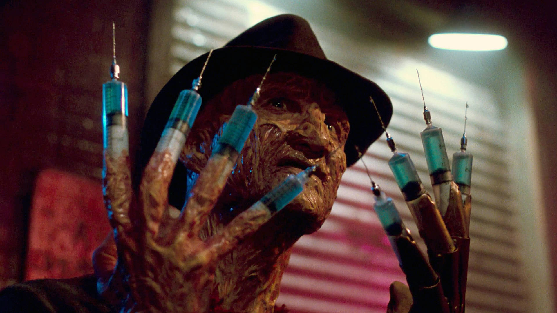 Freddy Krueger, syringe-tipped fingers, dim red lighting, Full HD Desktop Wallpaper