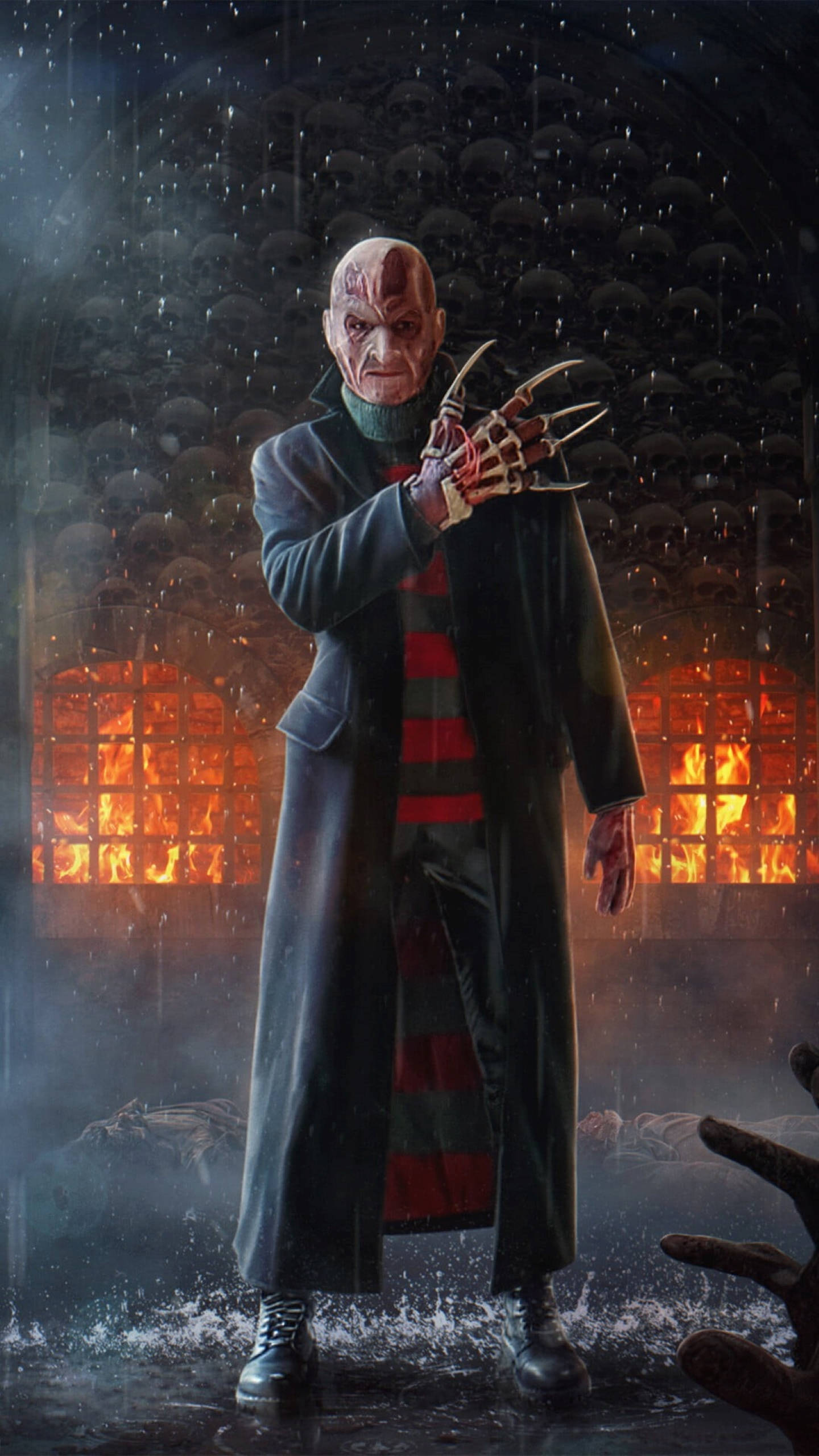 Freddy Krueger, fire, rain-soaked nightmare, 2K Phone Wallpaper
