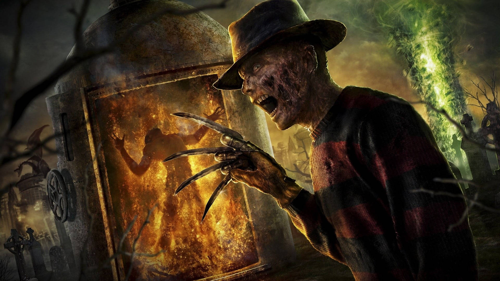 Freddy Krueger, cemetery, fiery furnace, Full HD Desktop Wallpaper