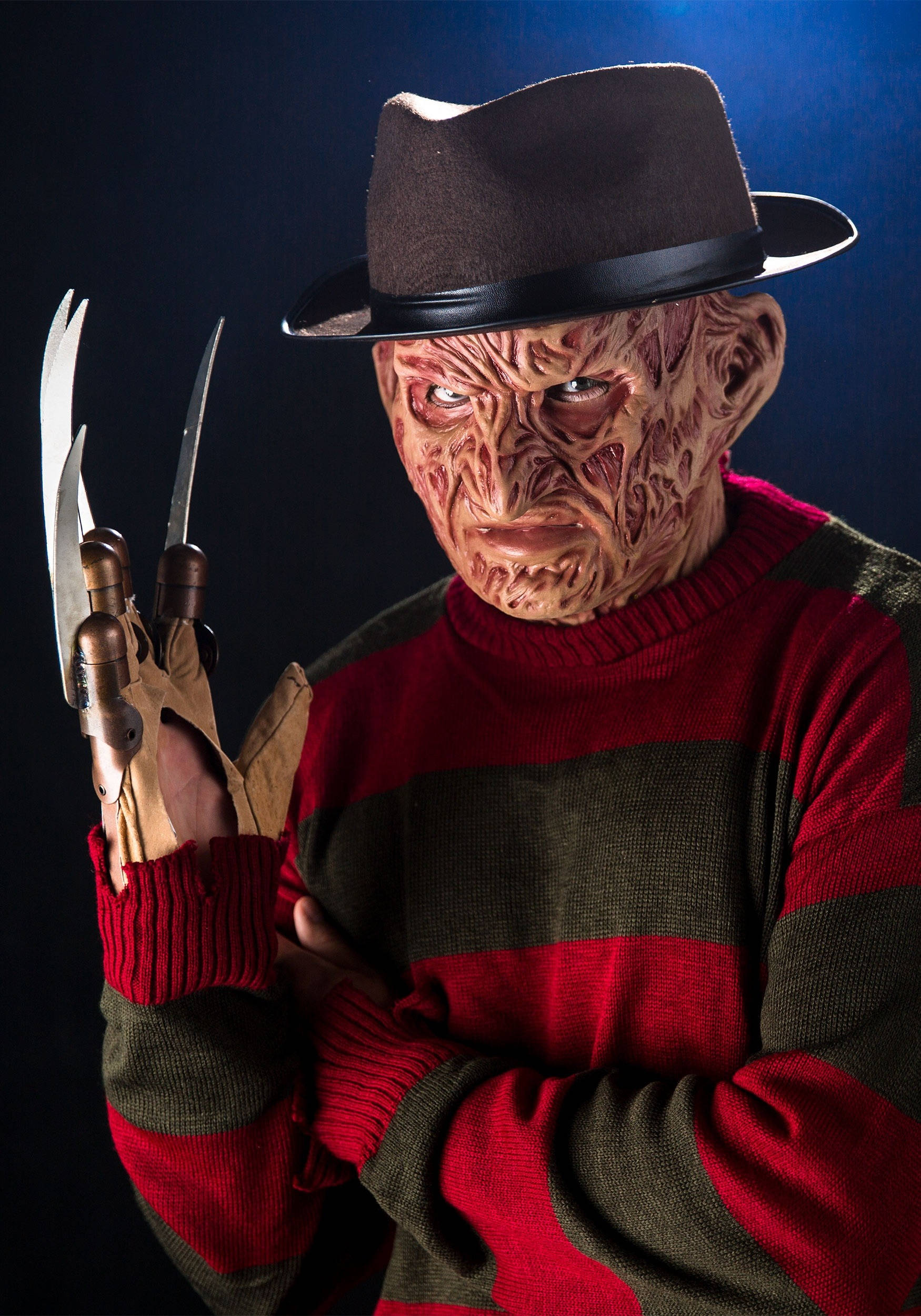 Freddy Krueger, red and green striped sweater, brown fedora, Full HD Phone Wallpaper