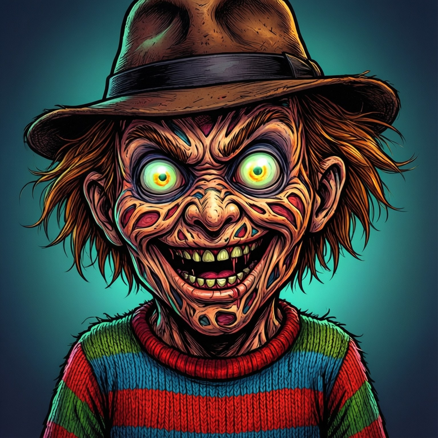 Cartoon Krueger, glowing green eyes, brown hat, HD Desktop Wallpaper