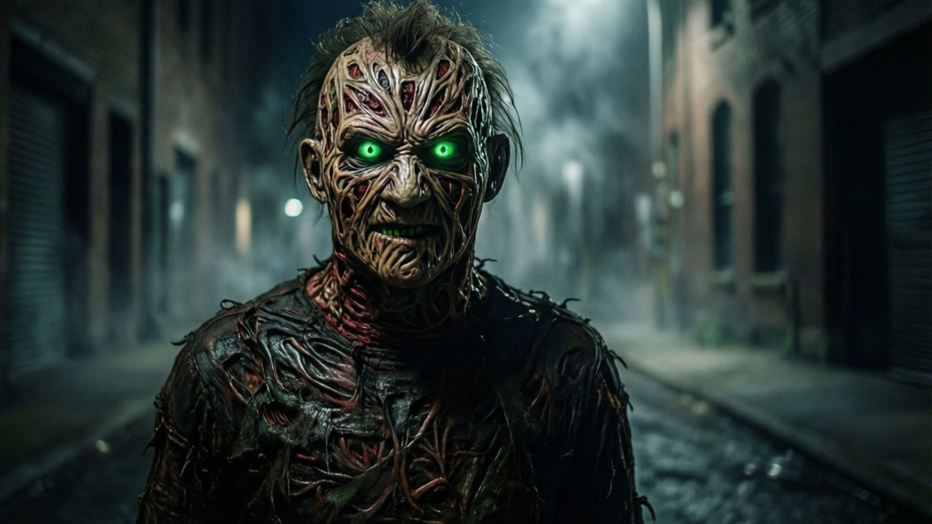 Freddy krueger, glowing green eyes, exposed veins, Full HD Desktop Wallpaper