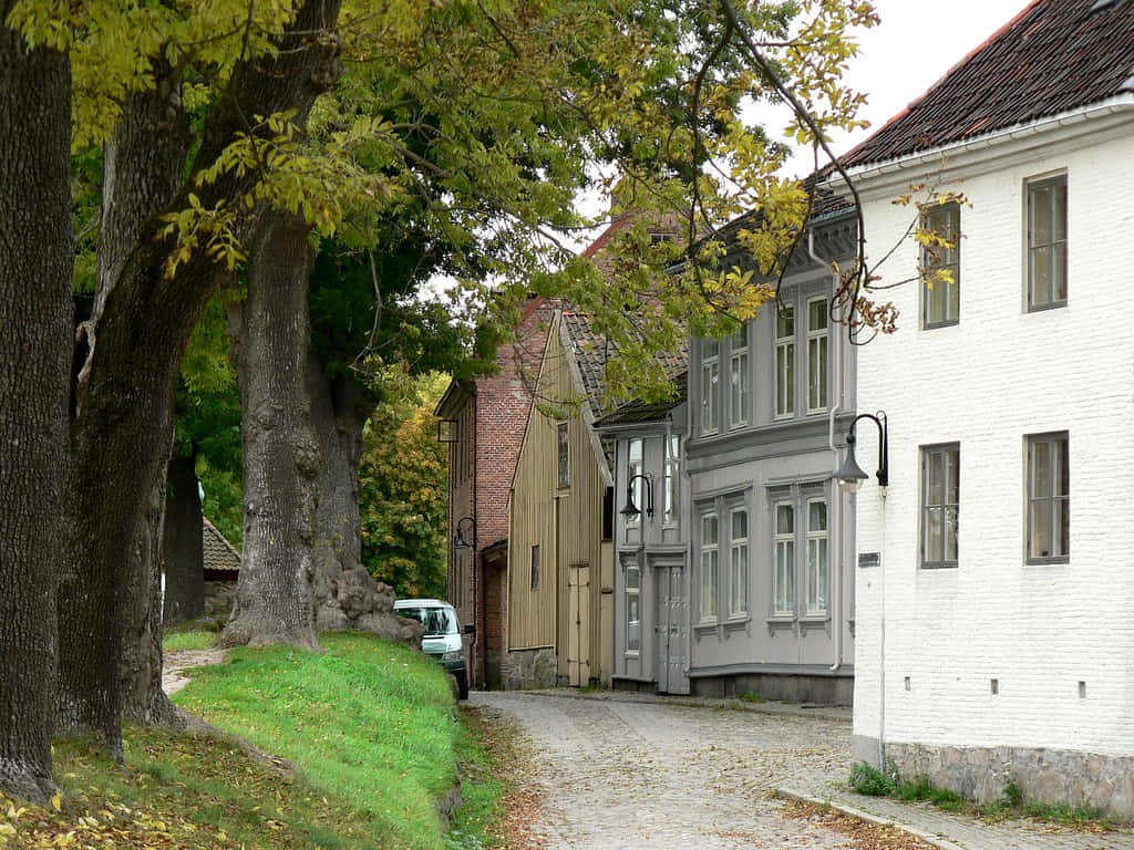 Fredrikstad, historic cobblestone street, timber-framed houses, SD Desktop Wallpaper